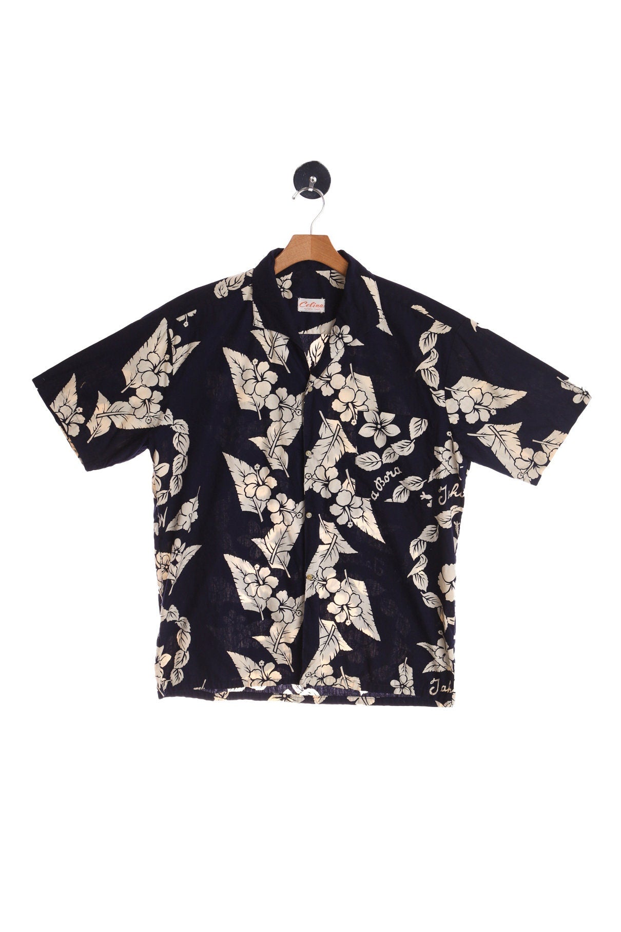 Vintage Men's Blue Hawaiian Shirt With White Plant Print