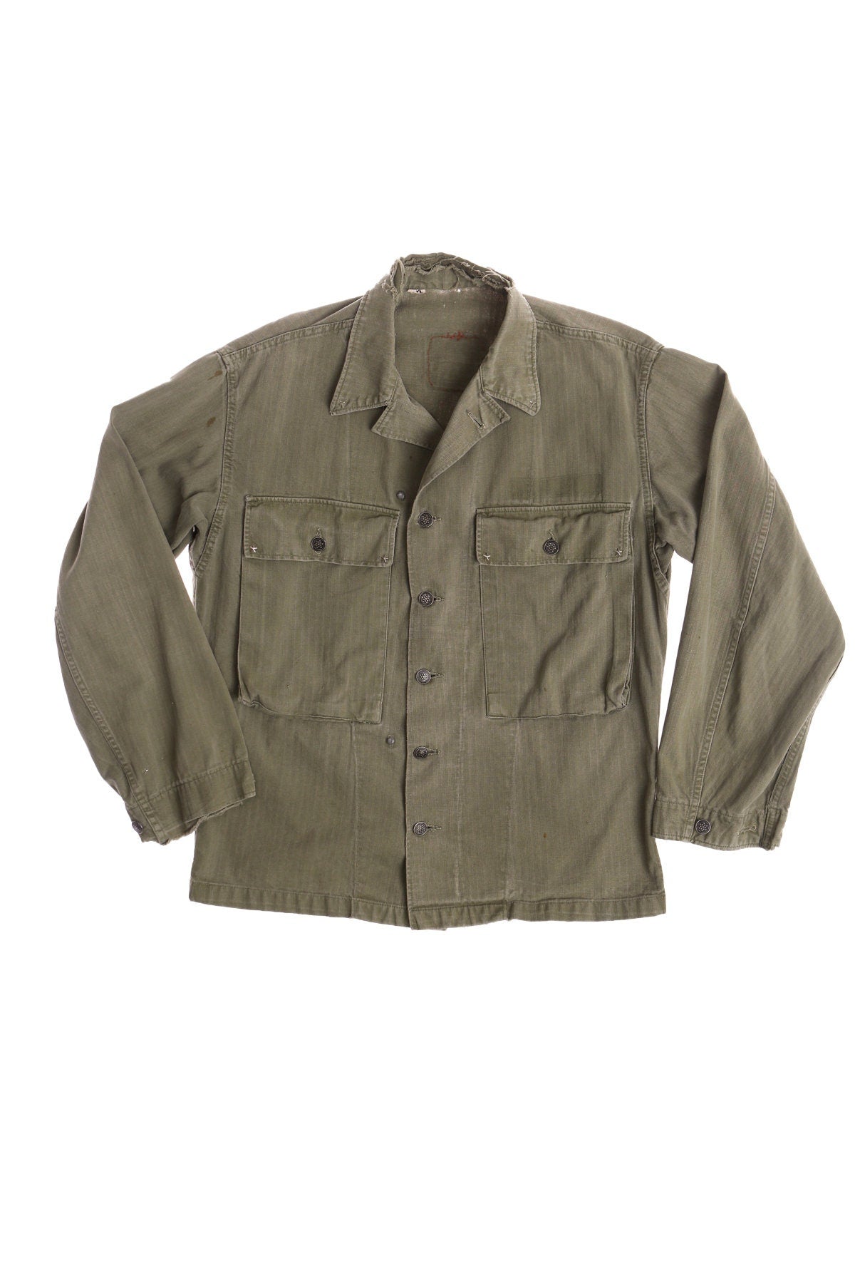 Vintage Men Green Military Shirt With Steel Stars Buttons