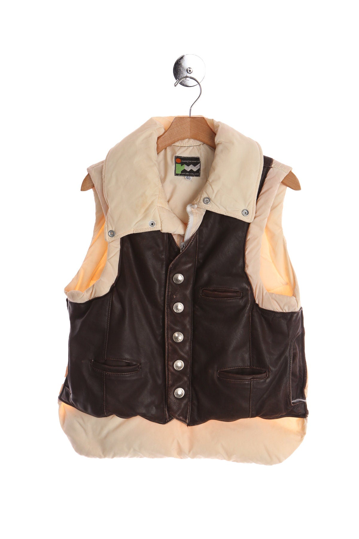 Vintage Down Vest With Brown Leather Outside Lining - Era ( 70's - 80's )