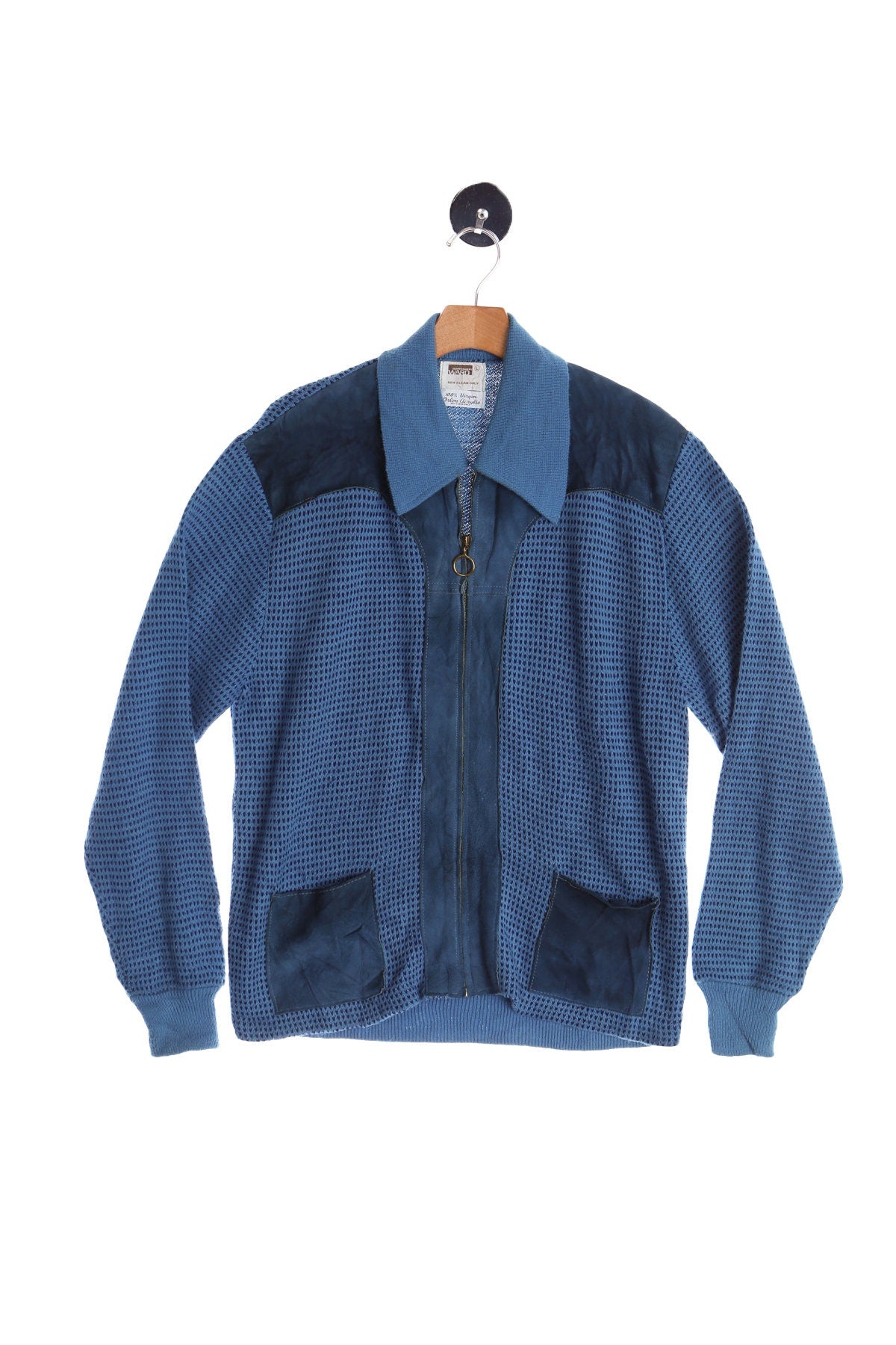 Vintage Men's 60's Blue Zipper Cardigan Sweater With Suede Pockets and Shoulders