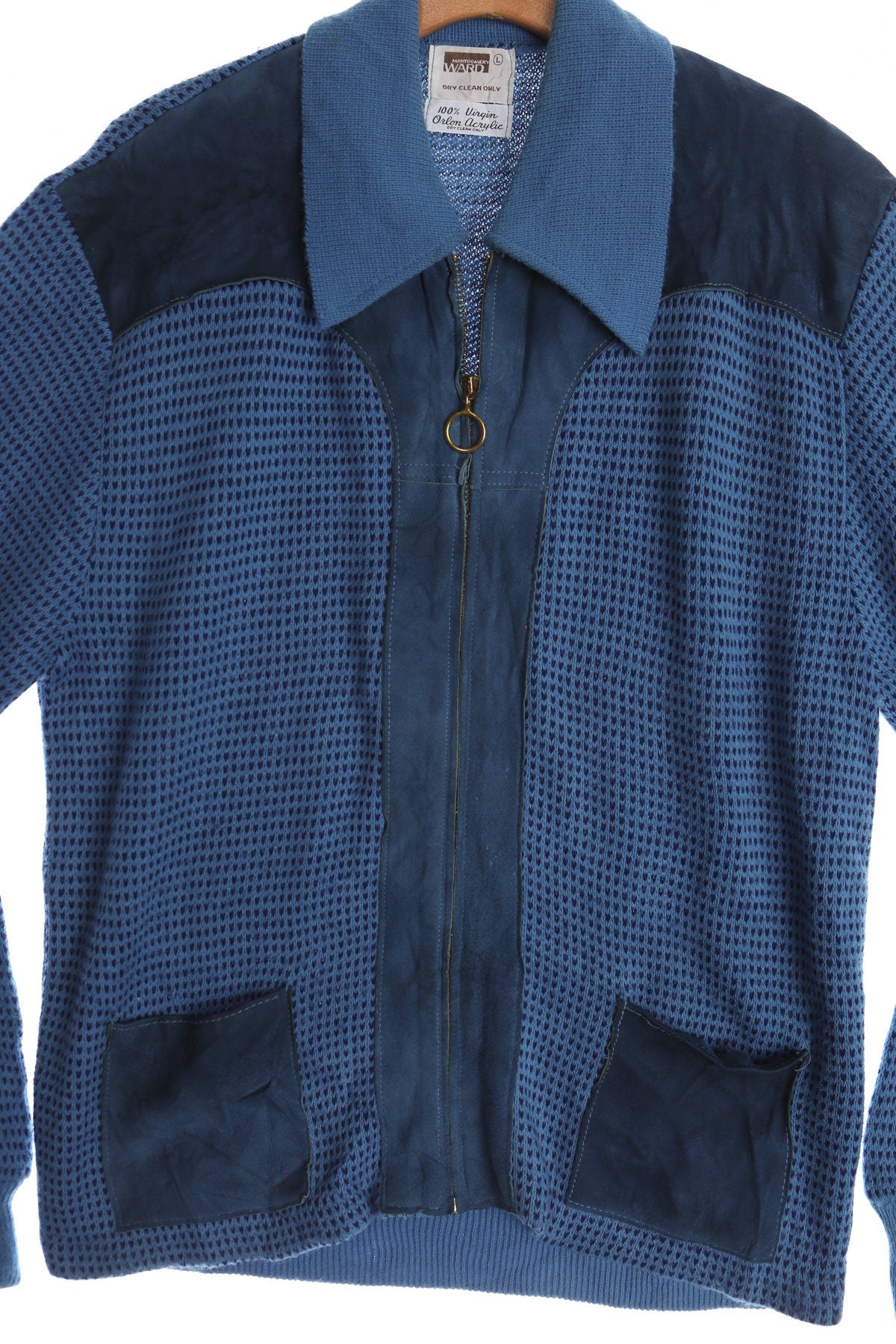 Vintage Men's 60's Blue Zipper Cardigan Sweater With Suede Pockets and Shoulders