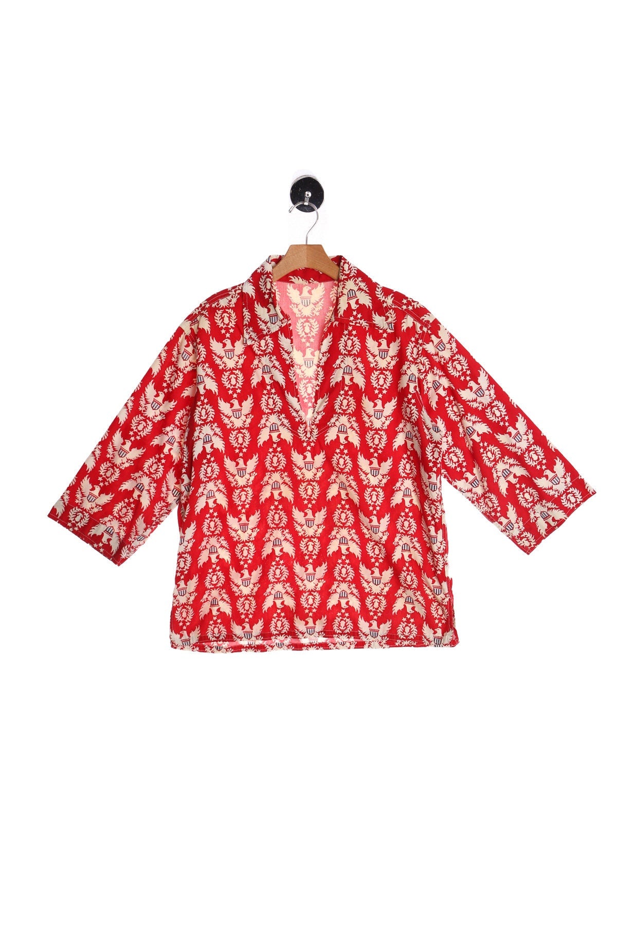 Vintage Red Cotton Shirt With Eagle and Shield Print