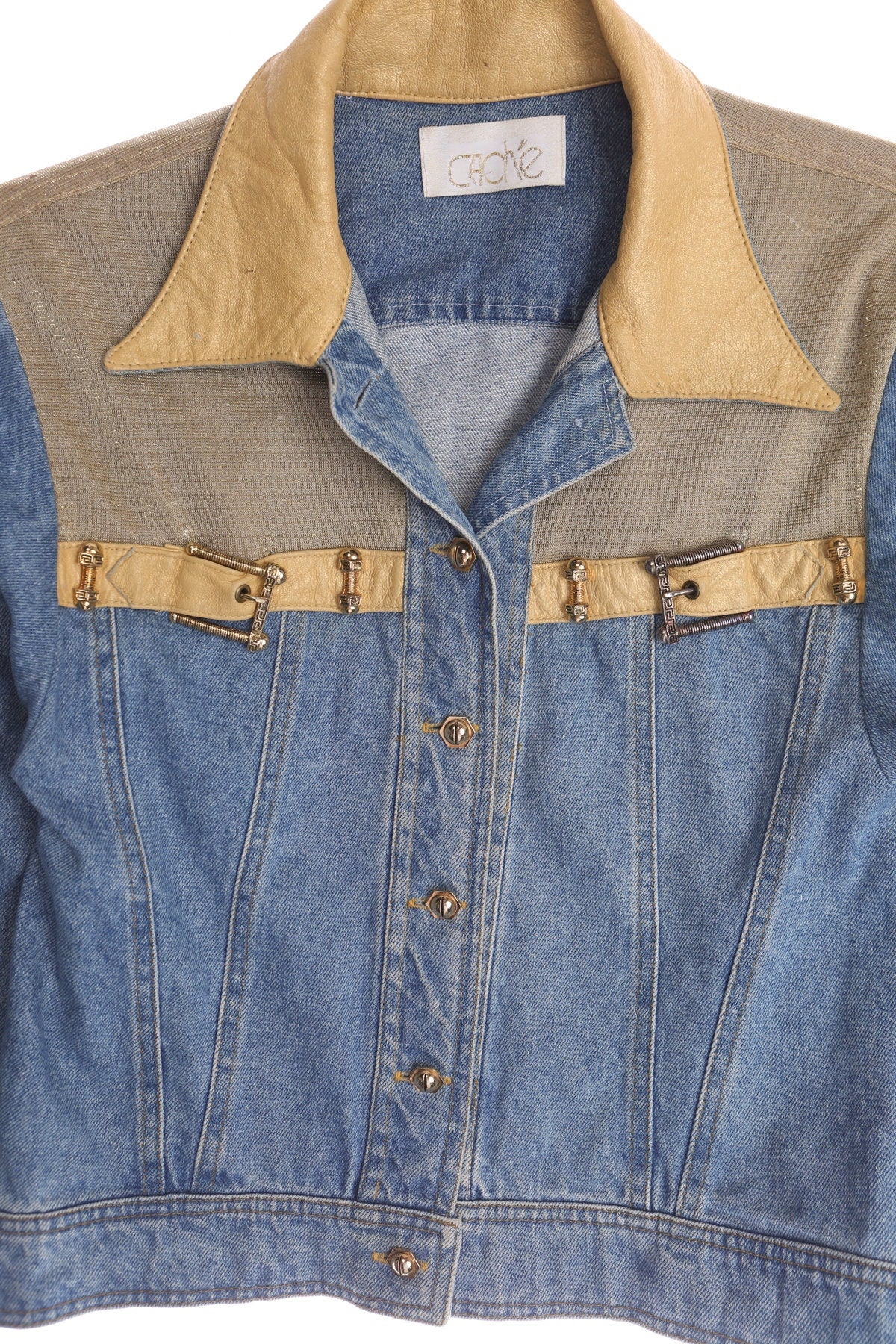 Women 90's Blue Denim Jacket With Leather Collar