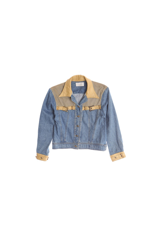 Women 90's Blue Denim Jacket With Leather Collar