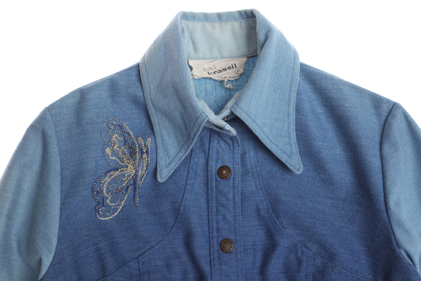 70's Women Blue Jacket With Back Butterfly Embroidery