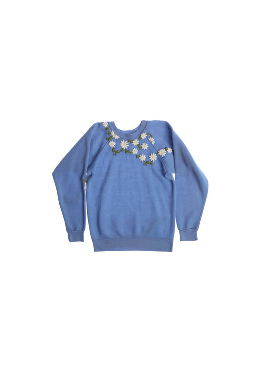 Vintage Blue Sweatshirt With Flower Embroidery