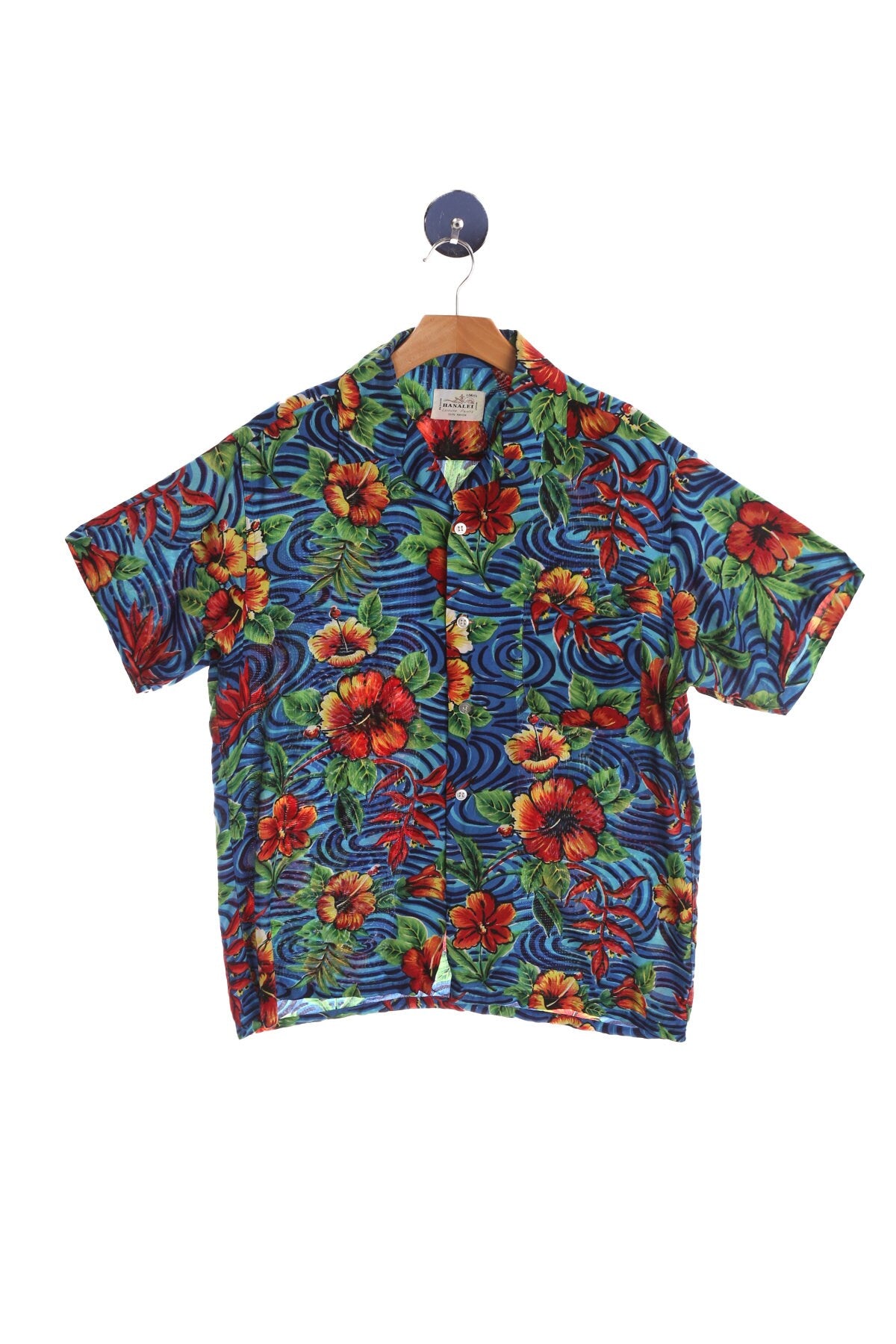 Men's Vintage Blue Floral Print Hawaiian Shirt - Hanalei Made in Japan