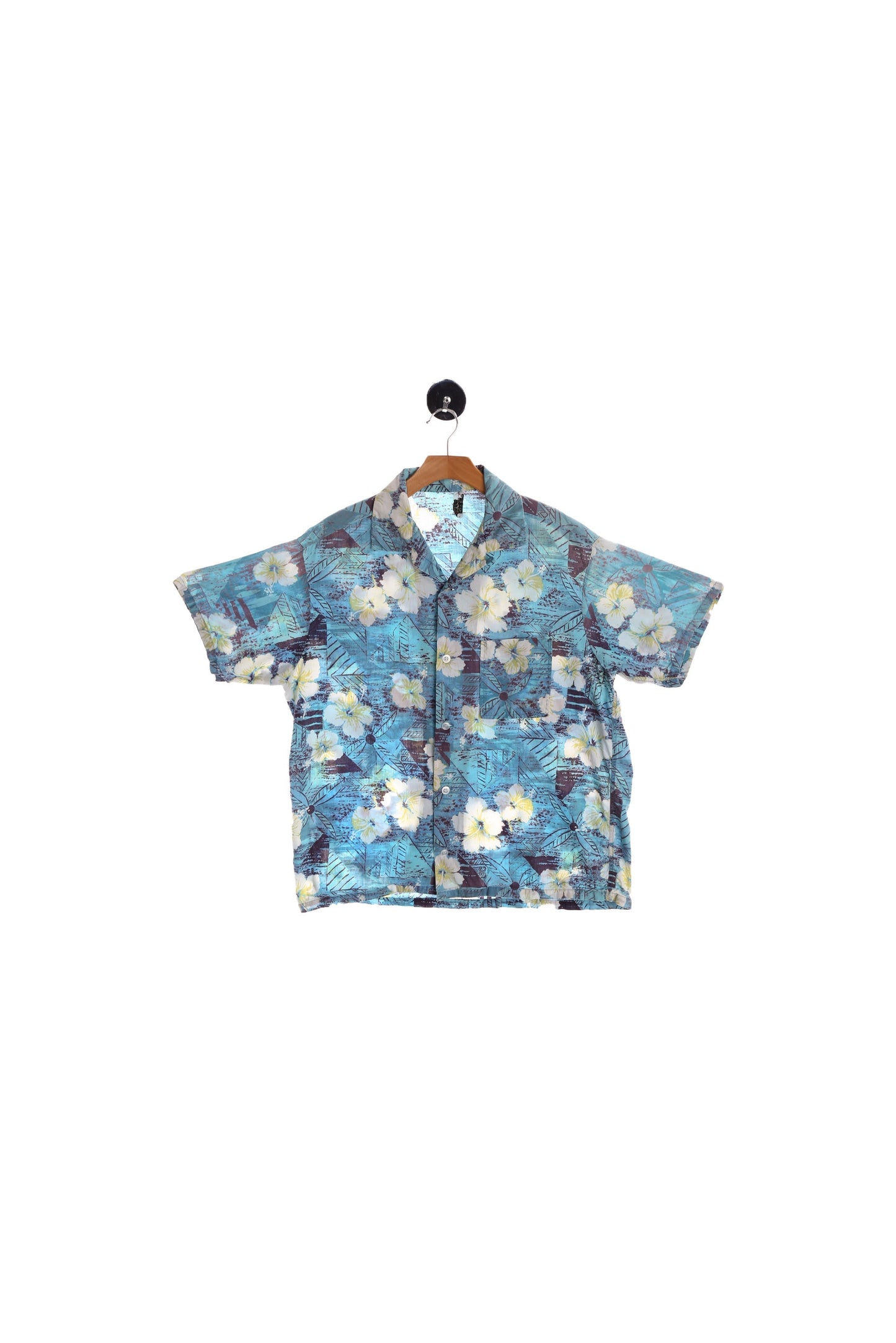 Vintage White Flower Print Blue Hawaiian Shirt