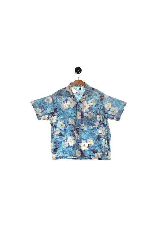 Vintage White Flower Print Blue Hawaiian Shirt
