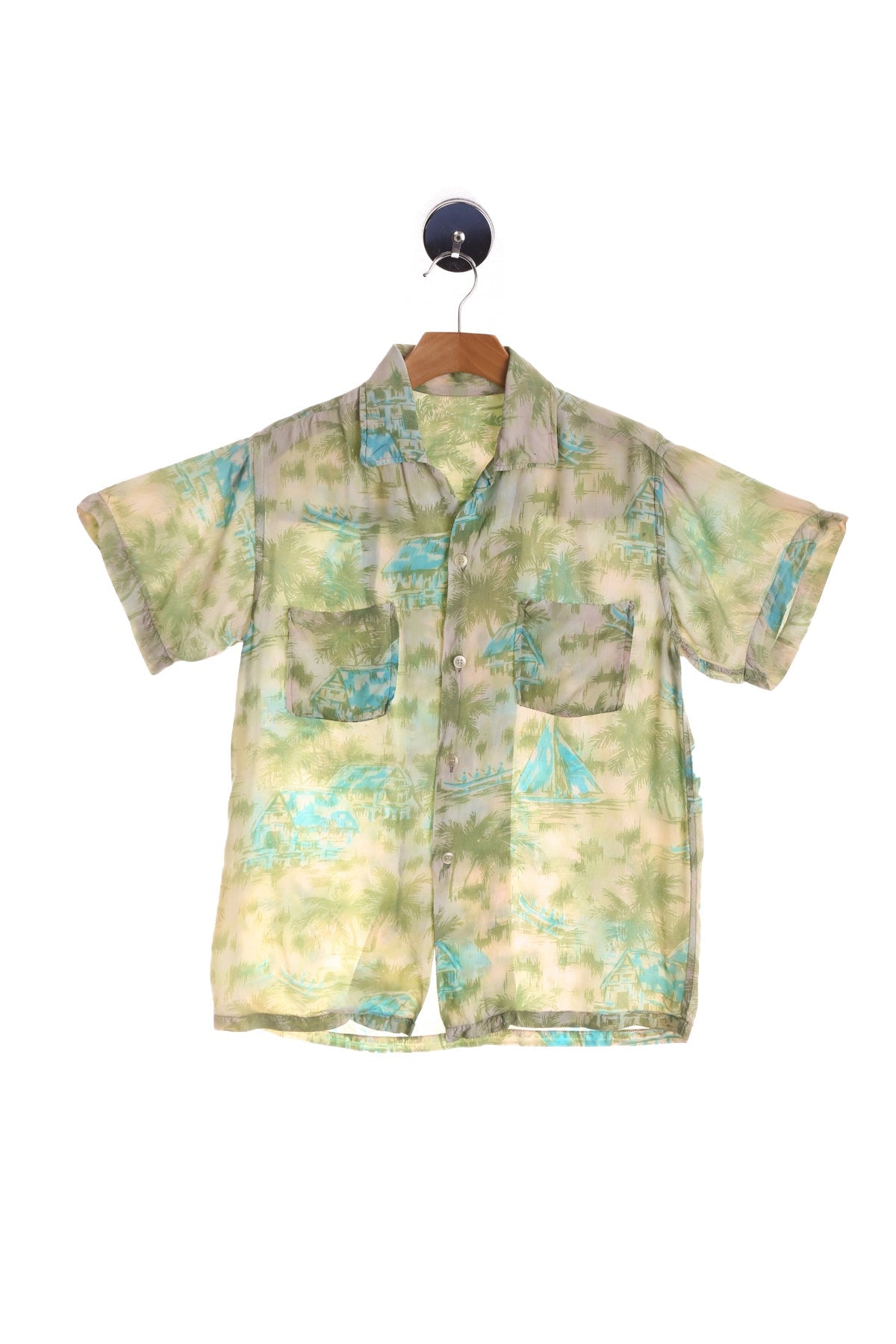 Vintage Beige Hawaiian Shirt - With Boat and Palm Tree Print