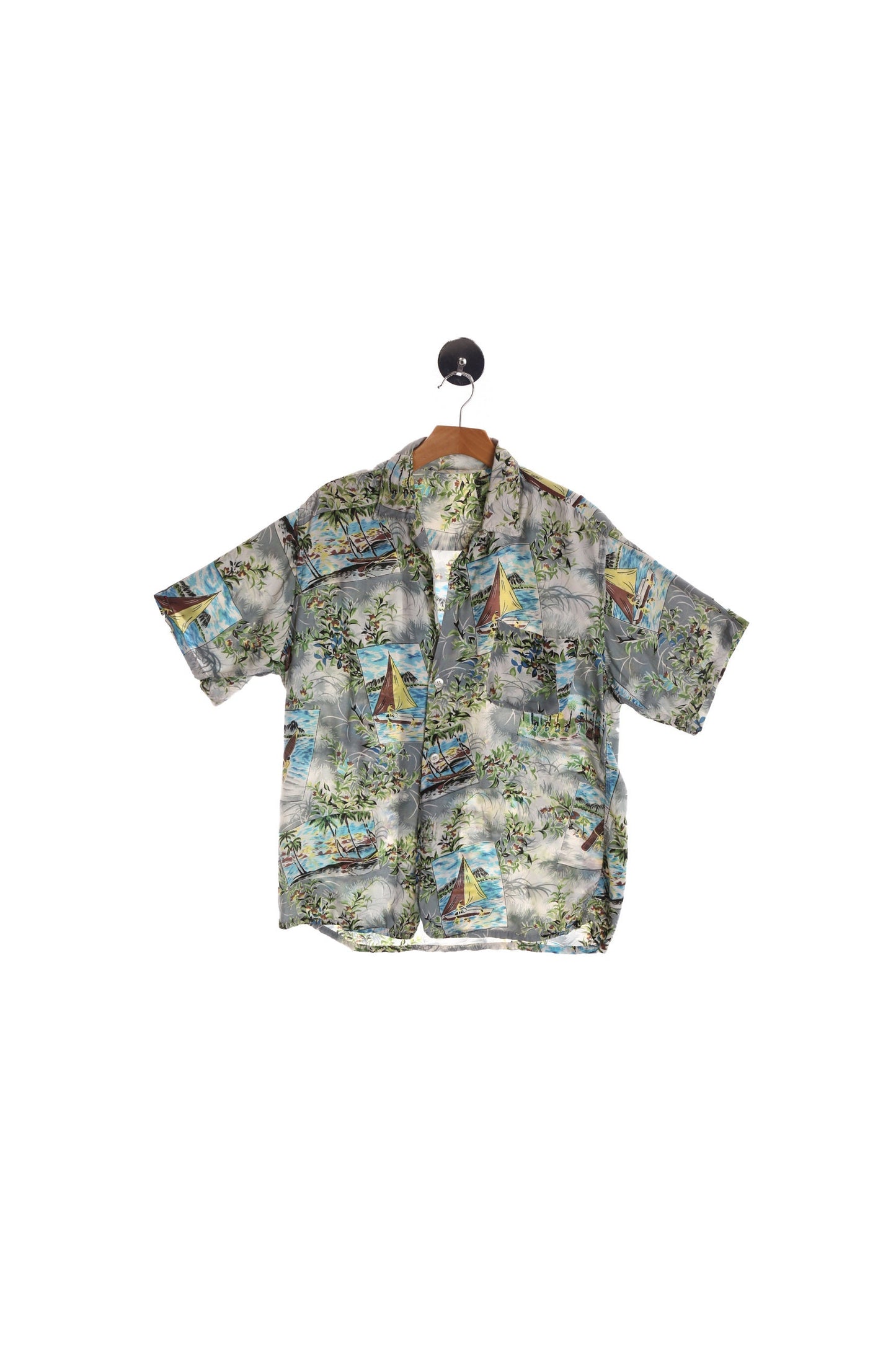 Vintage Gray Hawaiian Shirt With Sailing Boat Print - By Norwood - Made in Japan