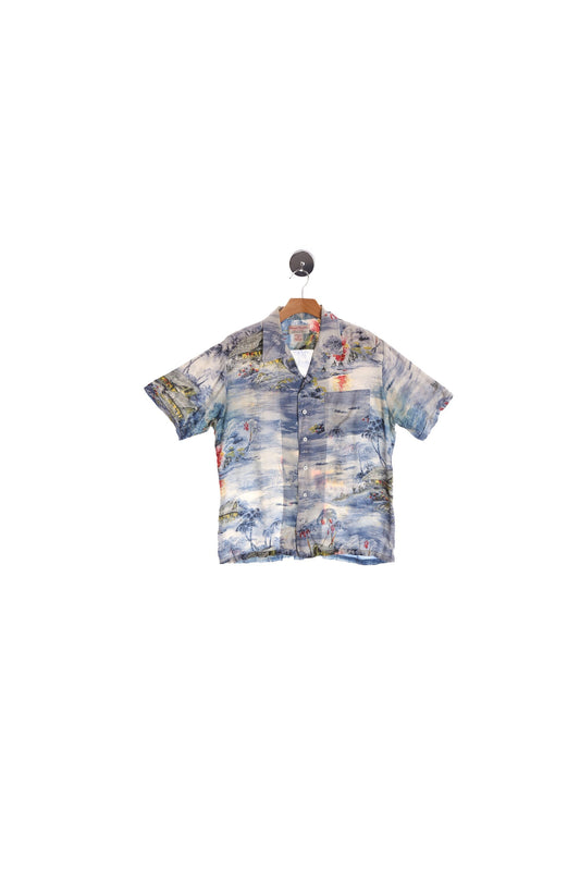 Vintage Men's Blue Hawaiian Shirt - Beach Print - Hand Screened - Era ( 70's - 80's )