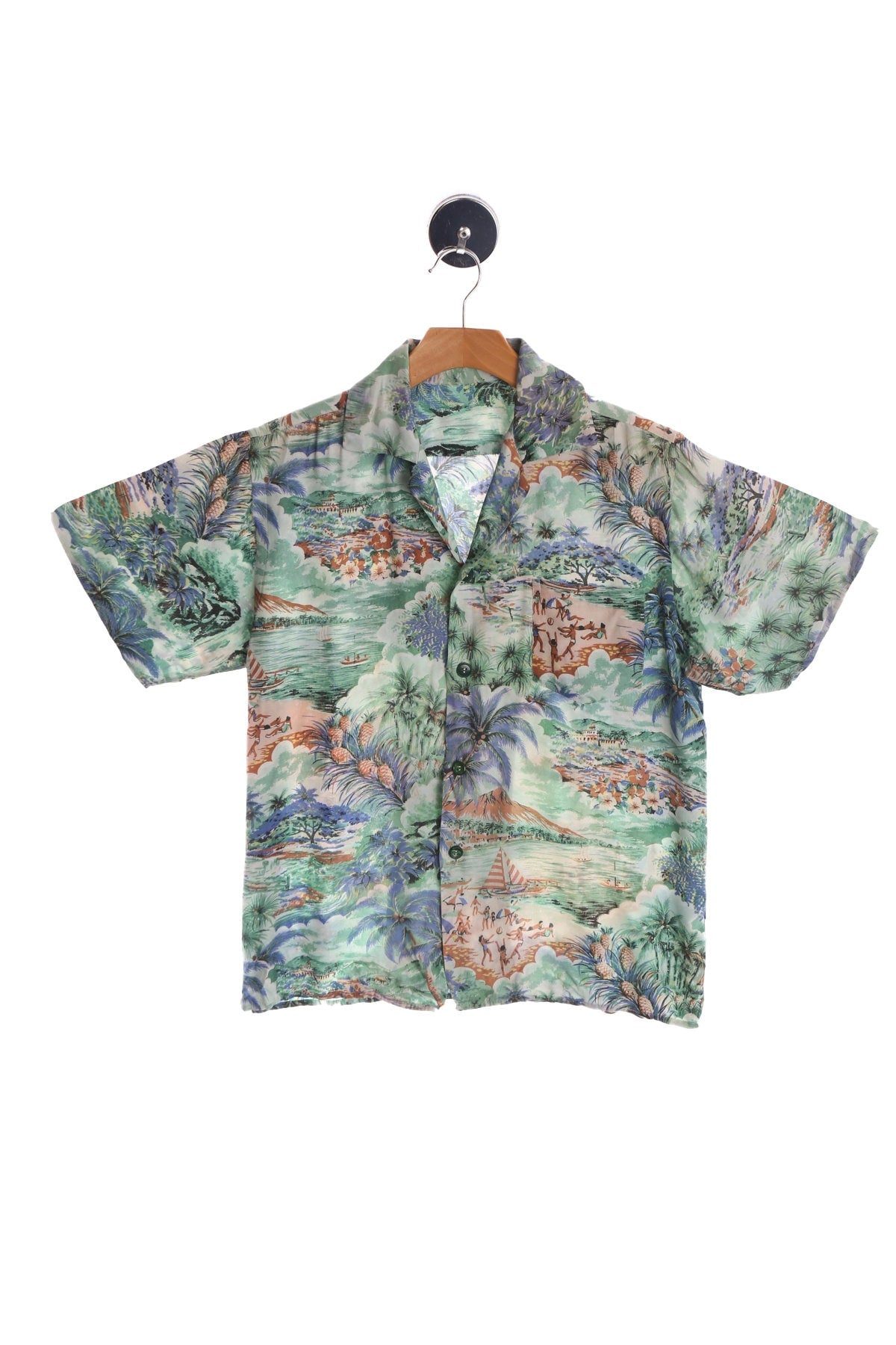 Men's Vintage Green Hawaiian Shirt - Beach Print