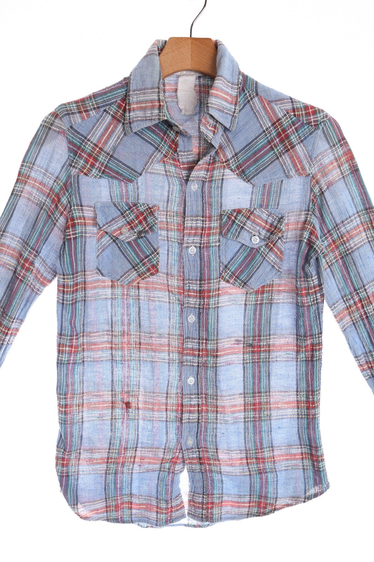 Vintage 70's Men Blue Plaid Button Up Shirt