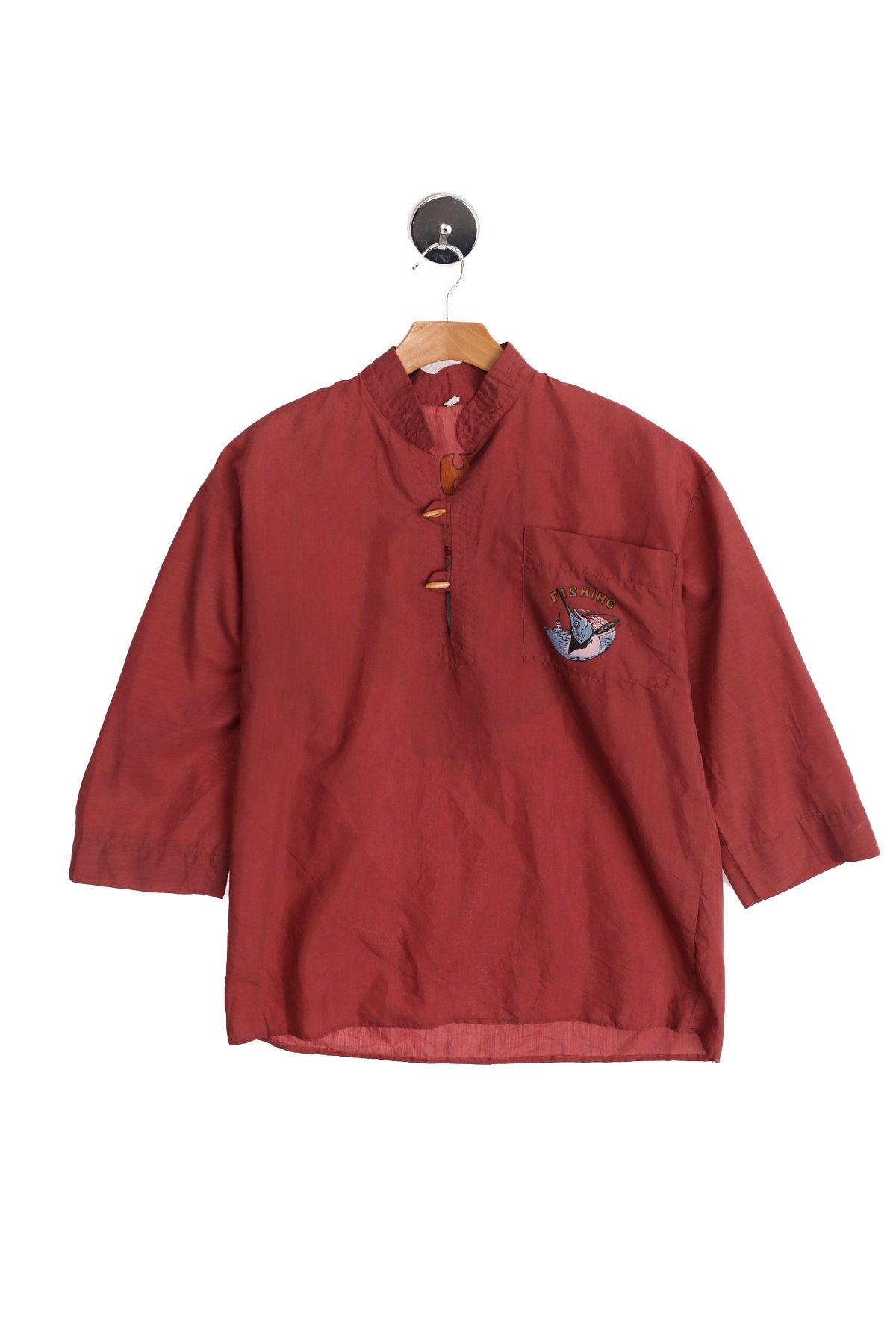 Vintage Men Brown Cotton Shirt With Back Fishing Print