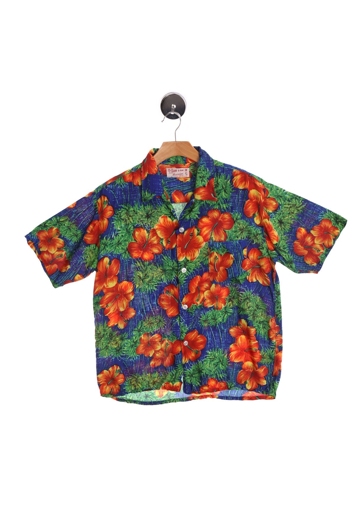 Red Flowers Blue Hawaiian Shirt - Surf and Sun - Made in Japan