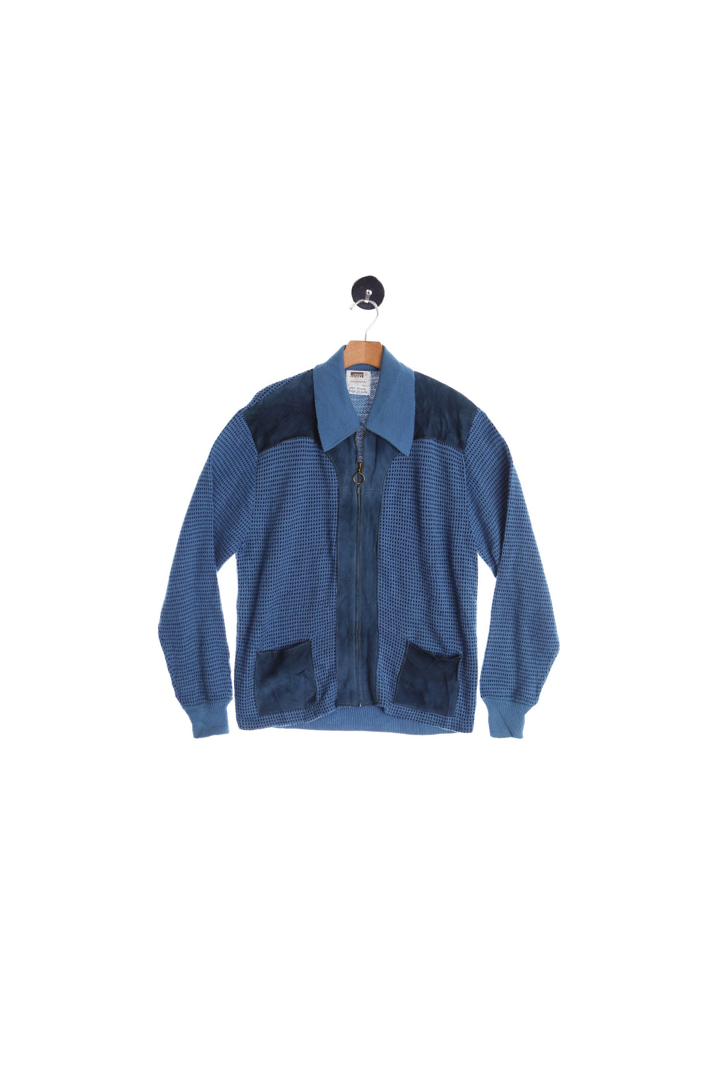 Vintage Men's 60's Blue Zipper Cardigan Sweater With Suede Pockets and Shoulders