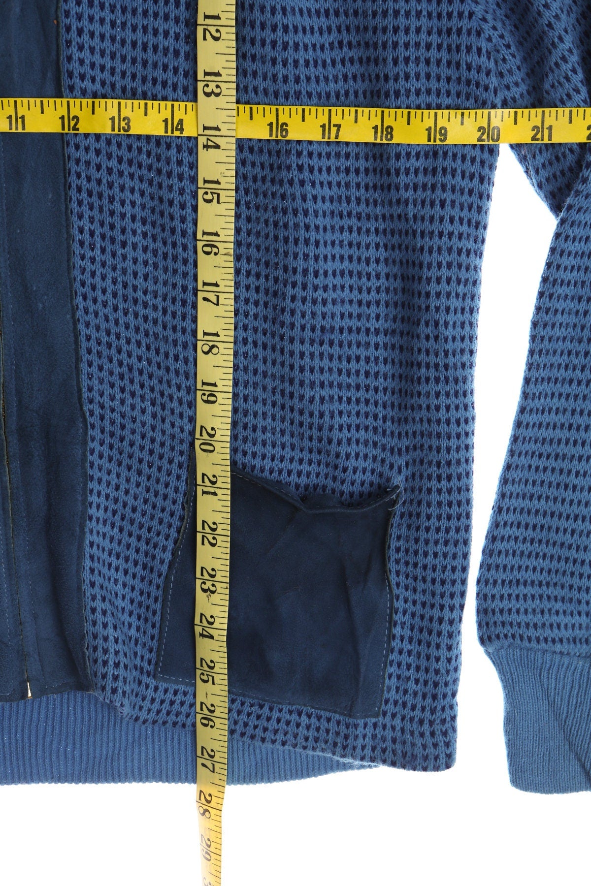 Vintage Men's 60's Blue Zipper Cardigan Sweater With Suede Pockets and Shoulders