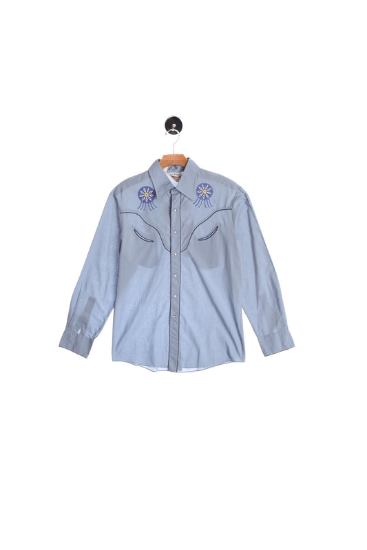 Vintage Men Blue Western Shirt With Native American Chief Embroidery - Rocking K Ranchwear By Kennington