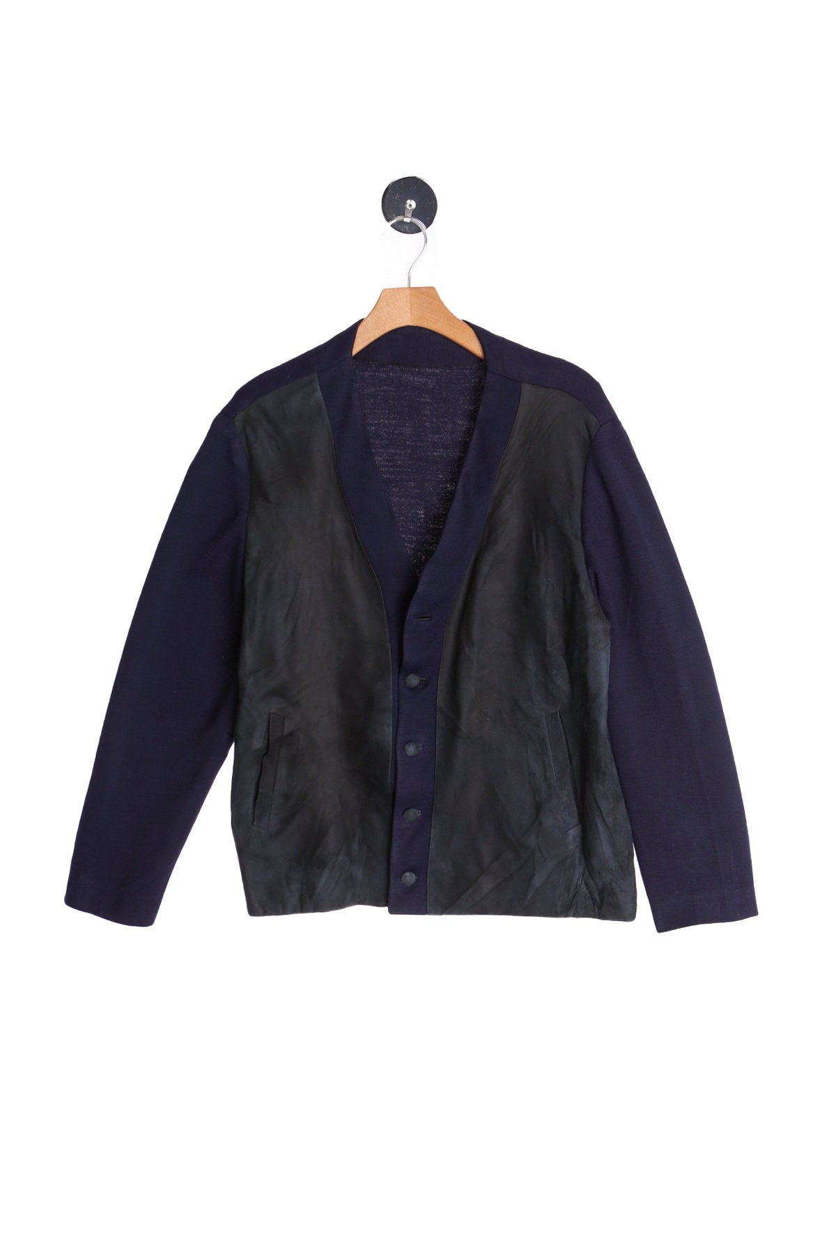 Vintage Men's Dark Blue Cardigan Sweater With Suede Front Cover