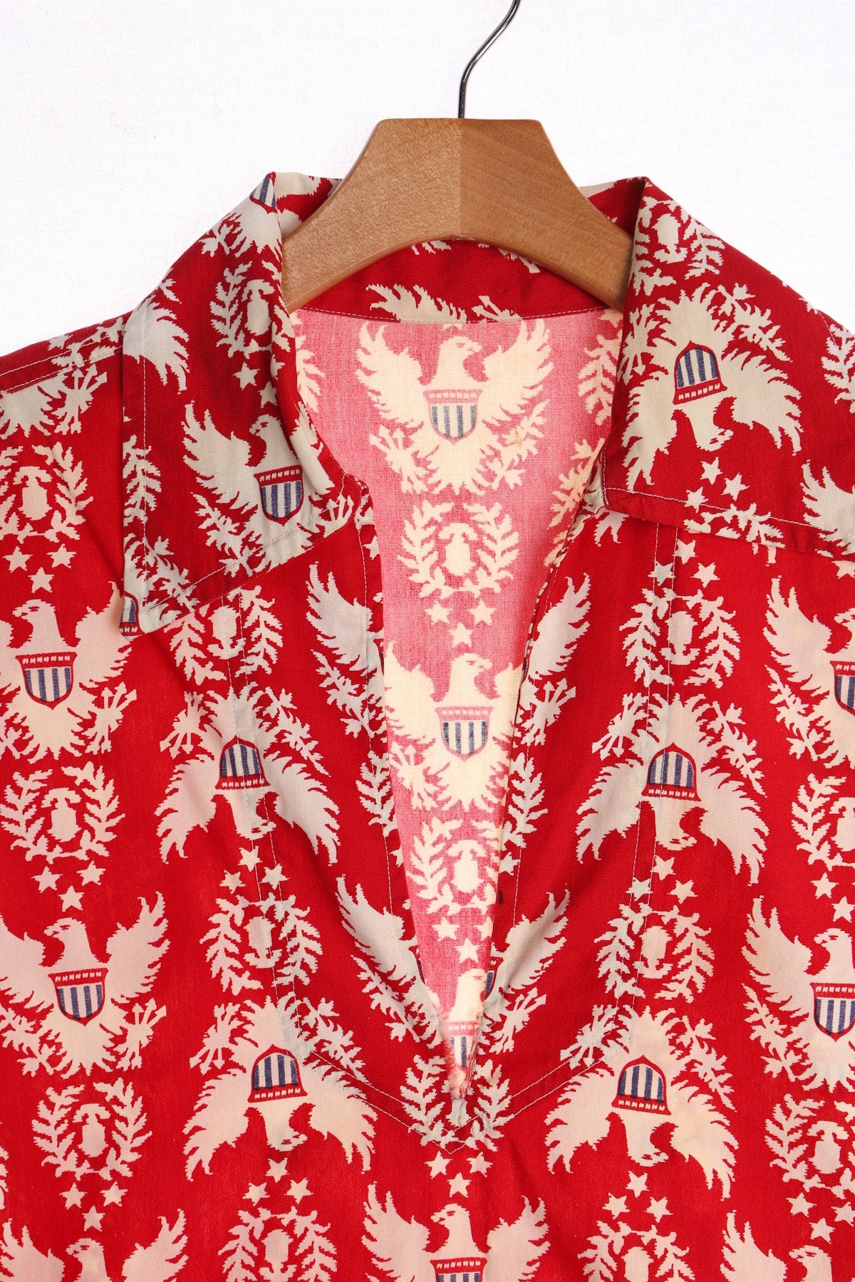 Vintage Red Cotton Shirt With Eagle and Shield Print