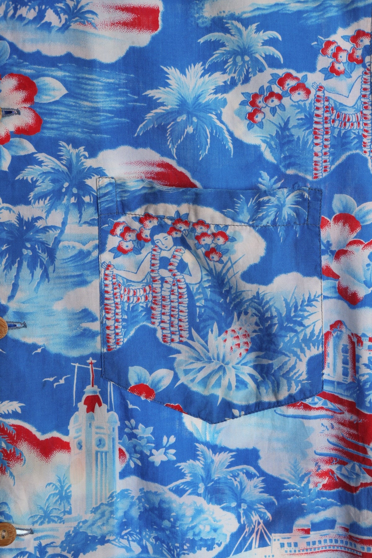 Vintage Hawaiian Shirt - Blue Print With Hawaii Beach Patter