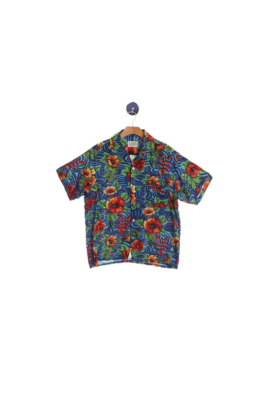 Men's Vintage Blue Floral Print Hawaiian Shirt - Hanalei Made in Japan