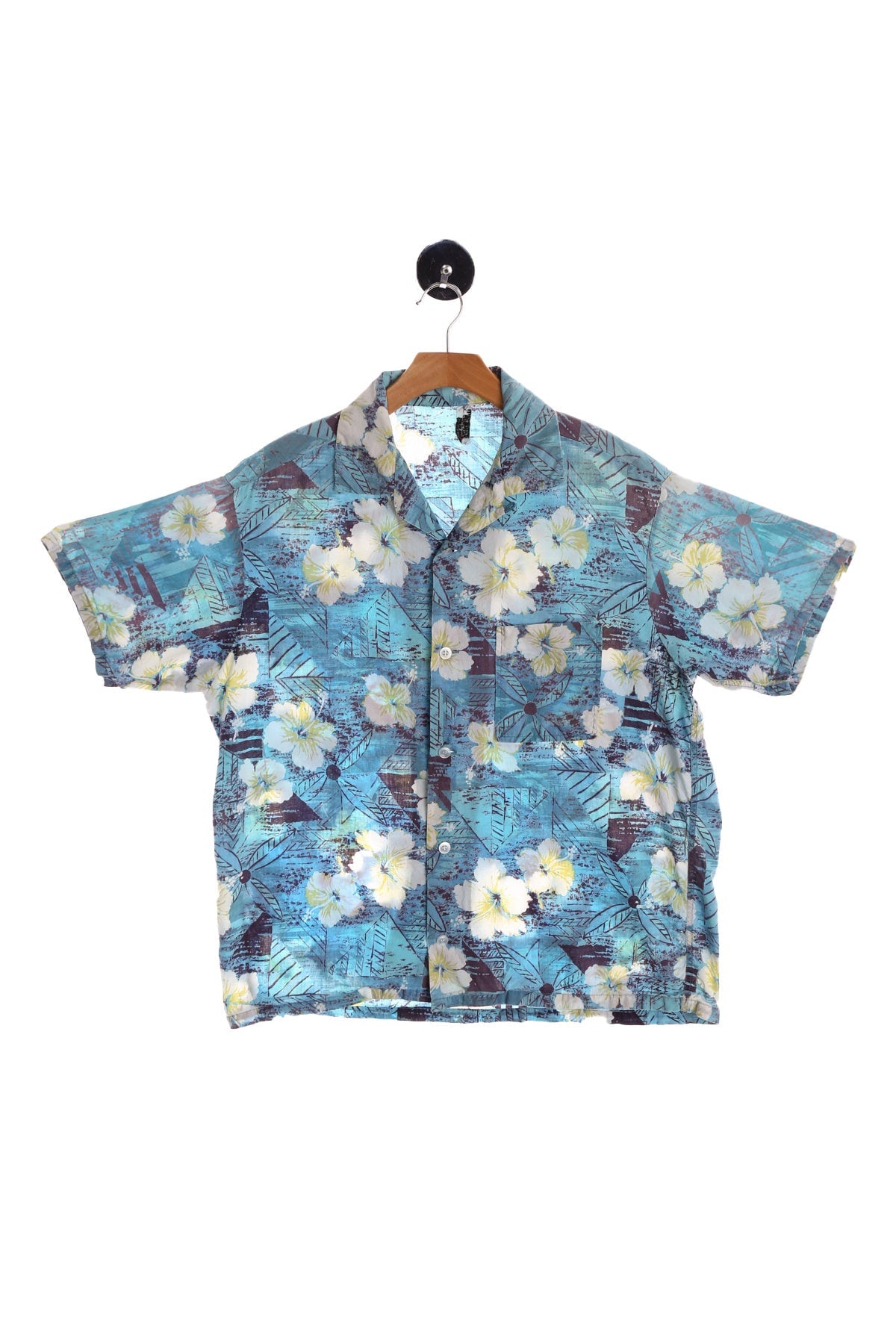 Vintage White Flower Print Blue Hawaiian Shirt