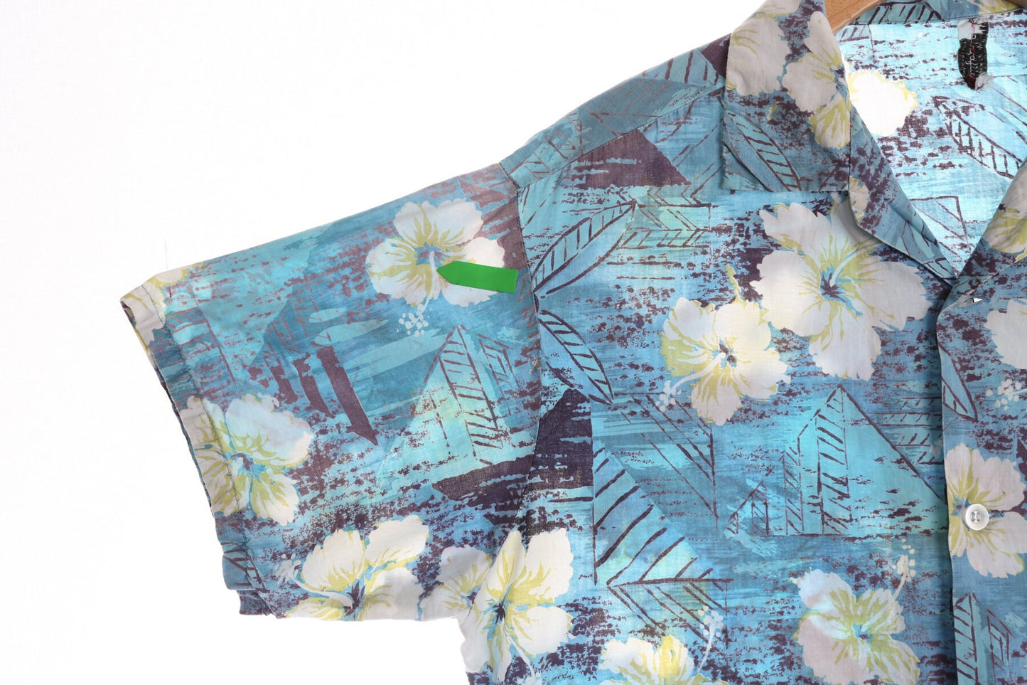Vintage White Flower Print Blue Hawaiian Shirt