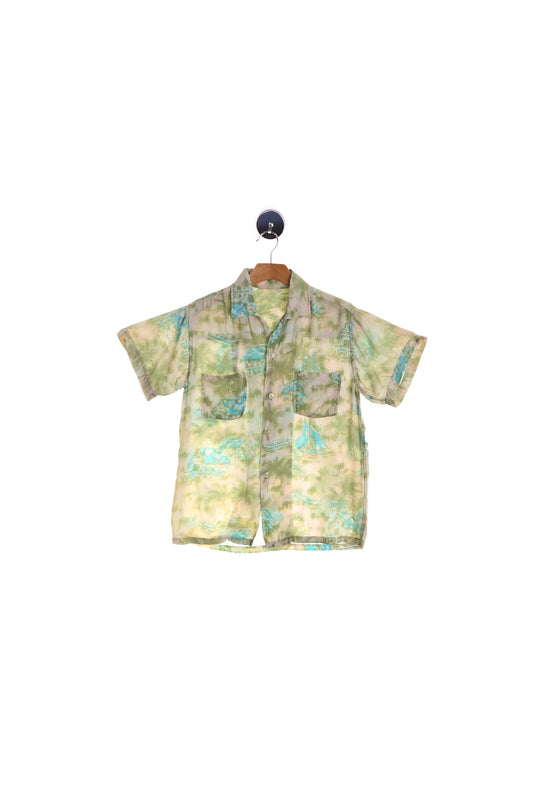 Vintage Beige Hawaiian Shirt - With Boat and Palm Tree Print