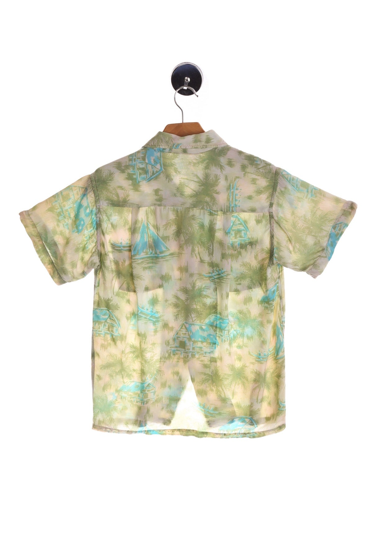 Vintage Beige Hawaiian Shirt - With Boat and Palm Tree Print