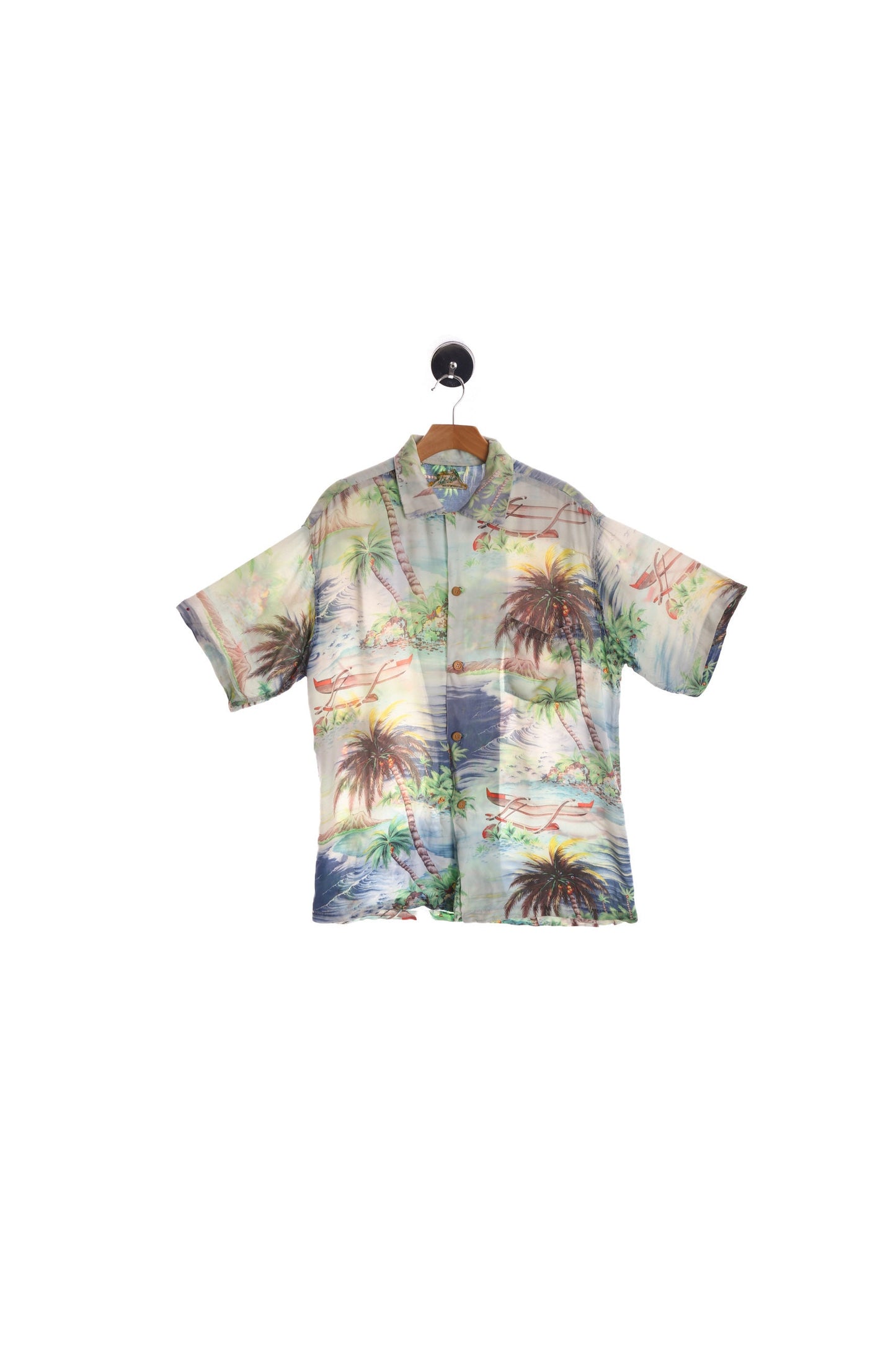 Vintage White Hawaiian Shirt With Palm Tree Print and wooden Buttons - Made in Hawaii