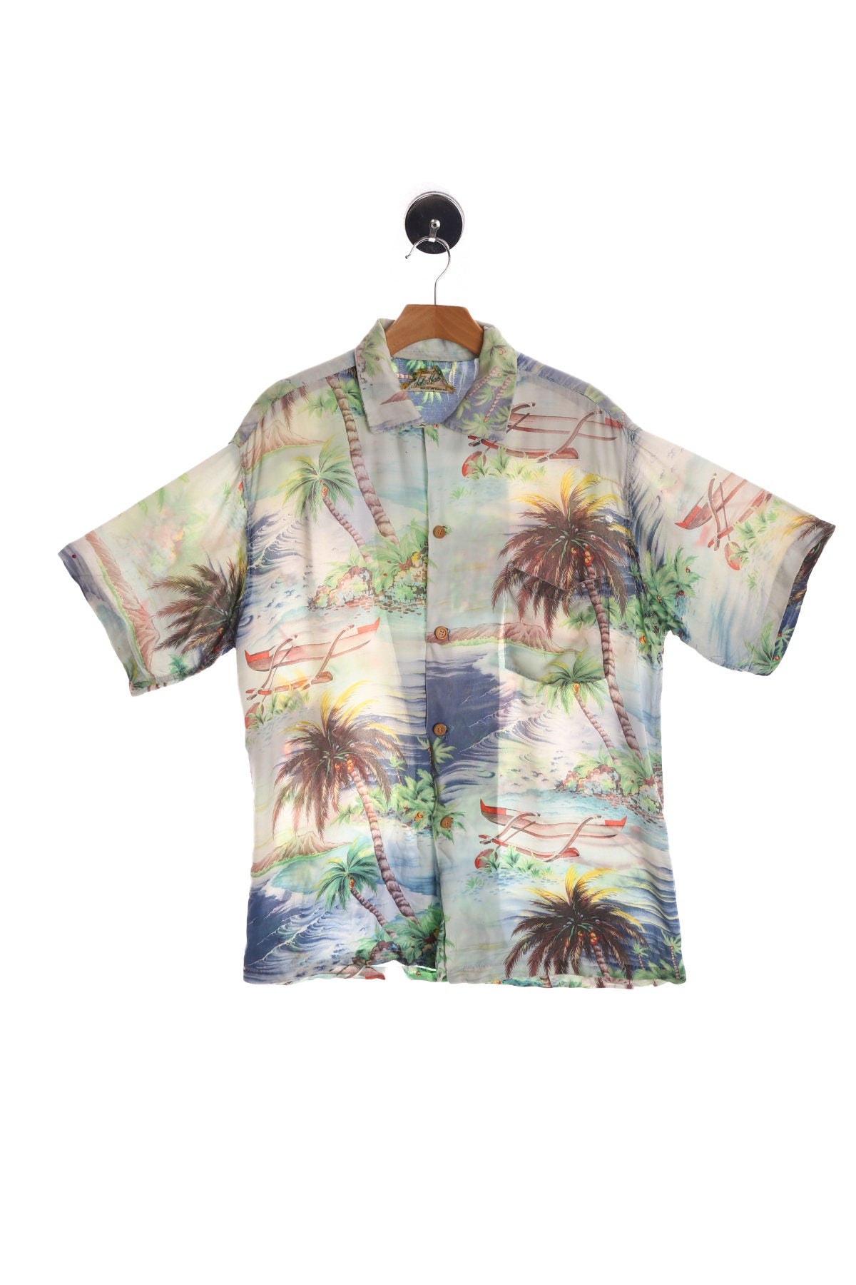 Vintage White Hawaiian Shirt With Palm Tree Print and wooden Buttons - Made in Hawaii