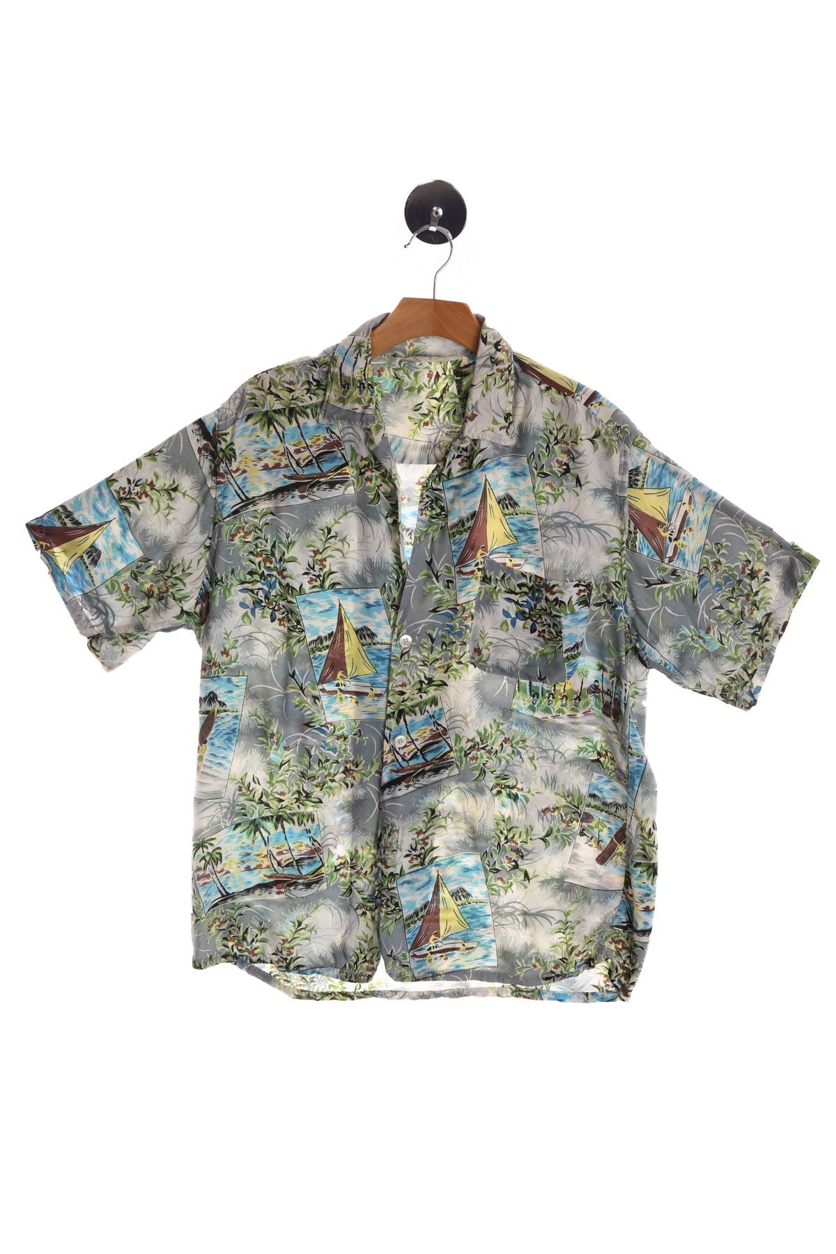 Vintage Gray Hawaiian Shirt With Sailing Boat Print - By Norwood - Made in Japan