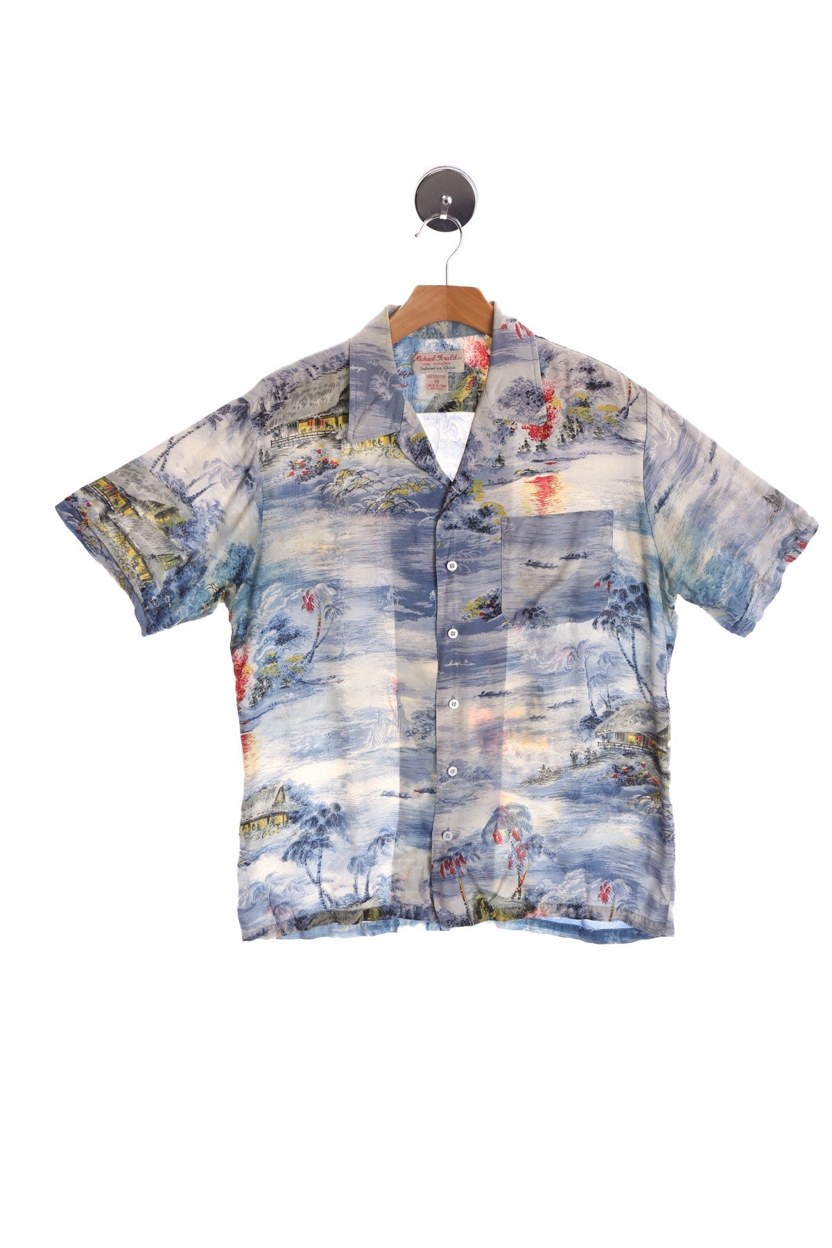 Vintage Men's Blue Hawaiian Shirt - Beach Print - Hand Screened - Era ( 70's - 80's )