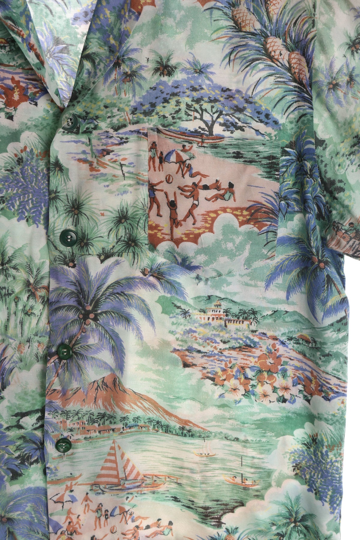 Men's Vintage Green Hawaiian Shirt - Beach Print