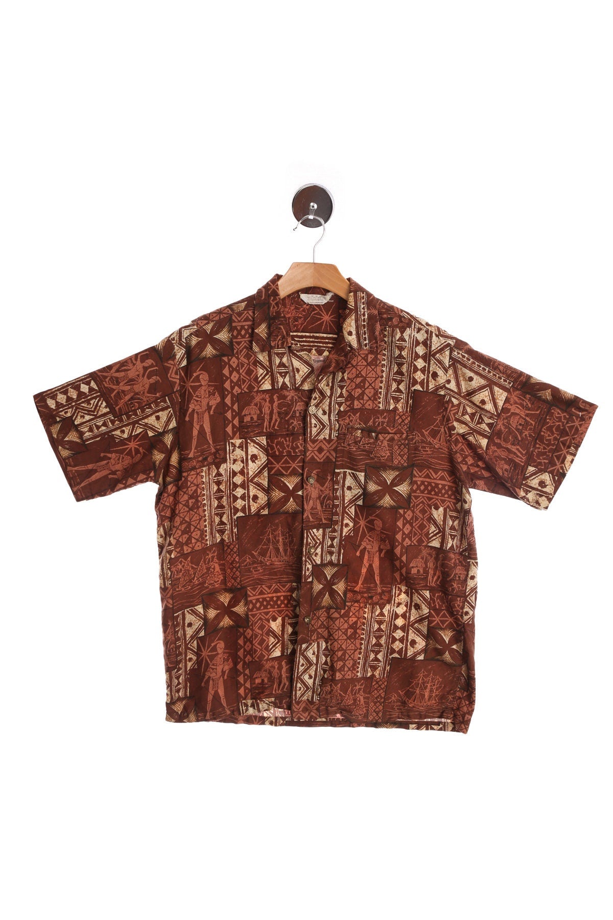 Vintage Men Brown Tribal Print Hawaiian Shirt