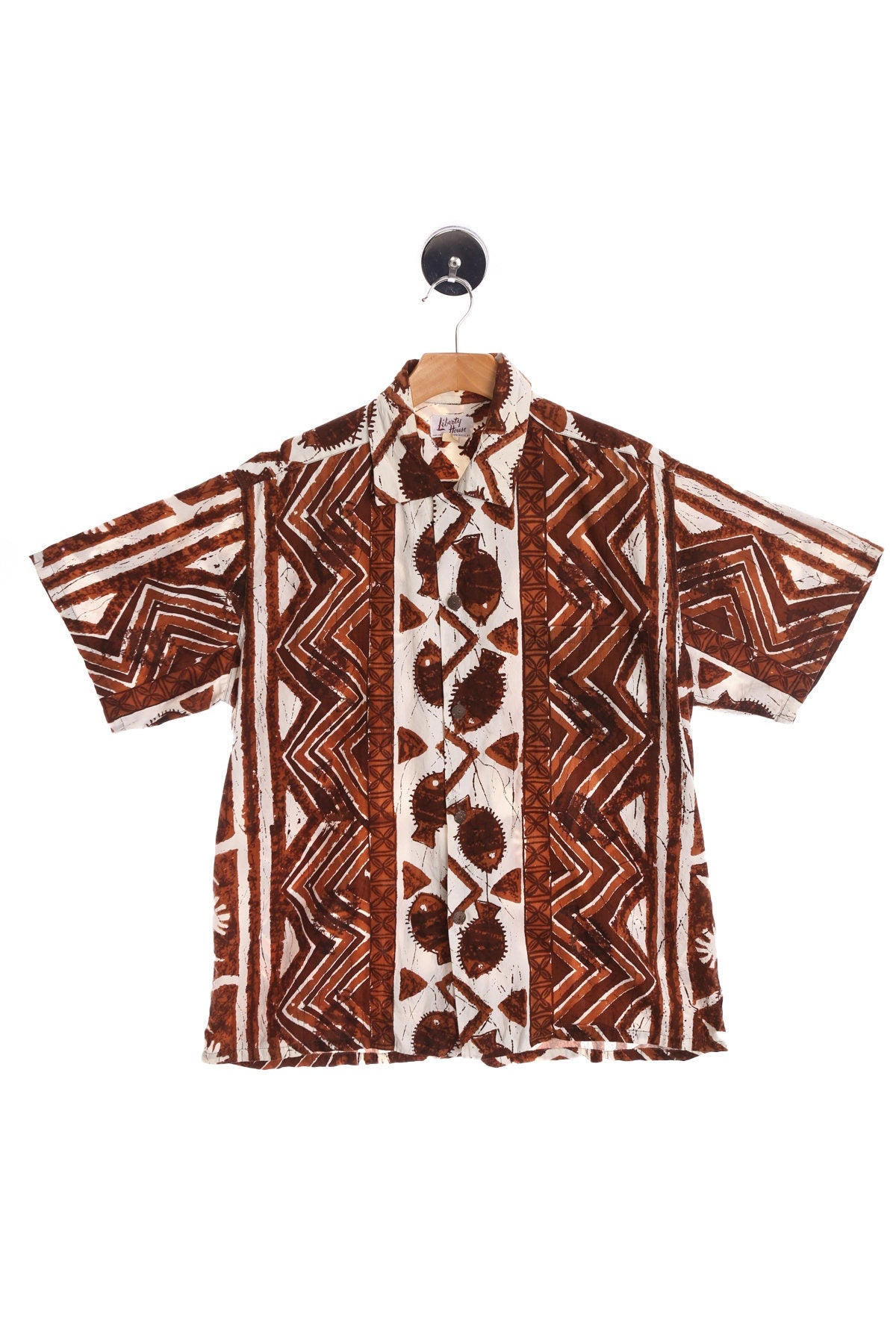 Tribal and Fish Print Brown Hawaiian Shirt