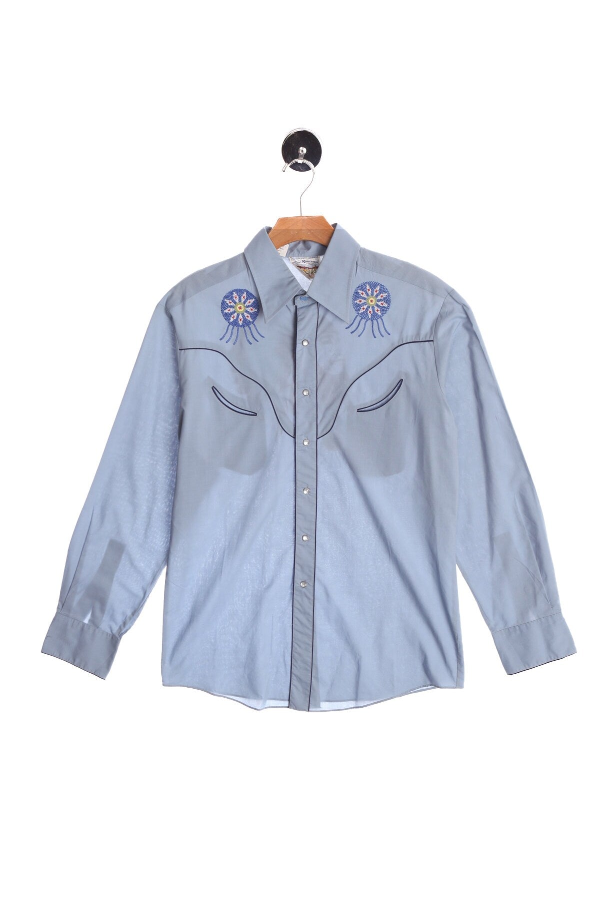 Vintage Men Blue Western Shirt With Native American Chief Embroidery - Rocking K Ranchwear By Kennington