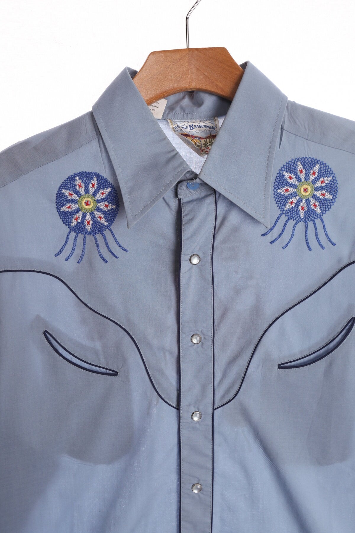Vintage Men Blue Western Shirt With Native American Chief Embroidery - Rocking K Ranchwear By Kennington
