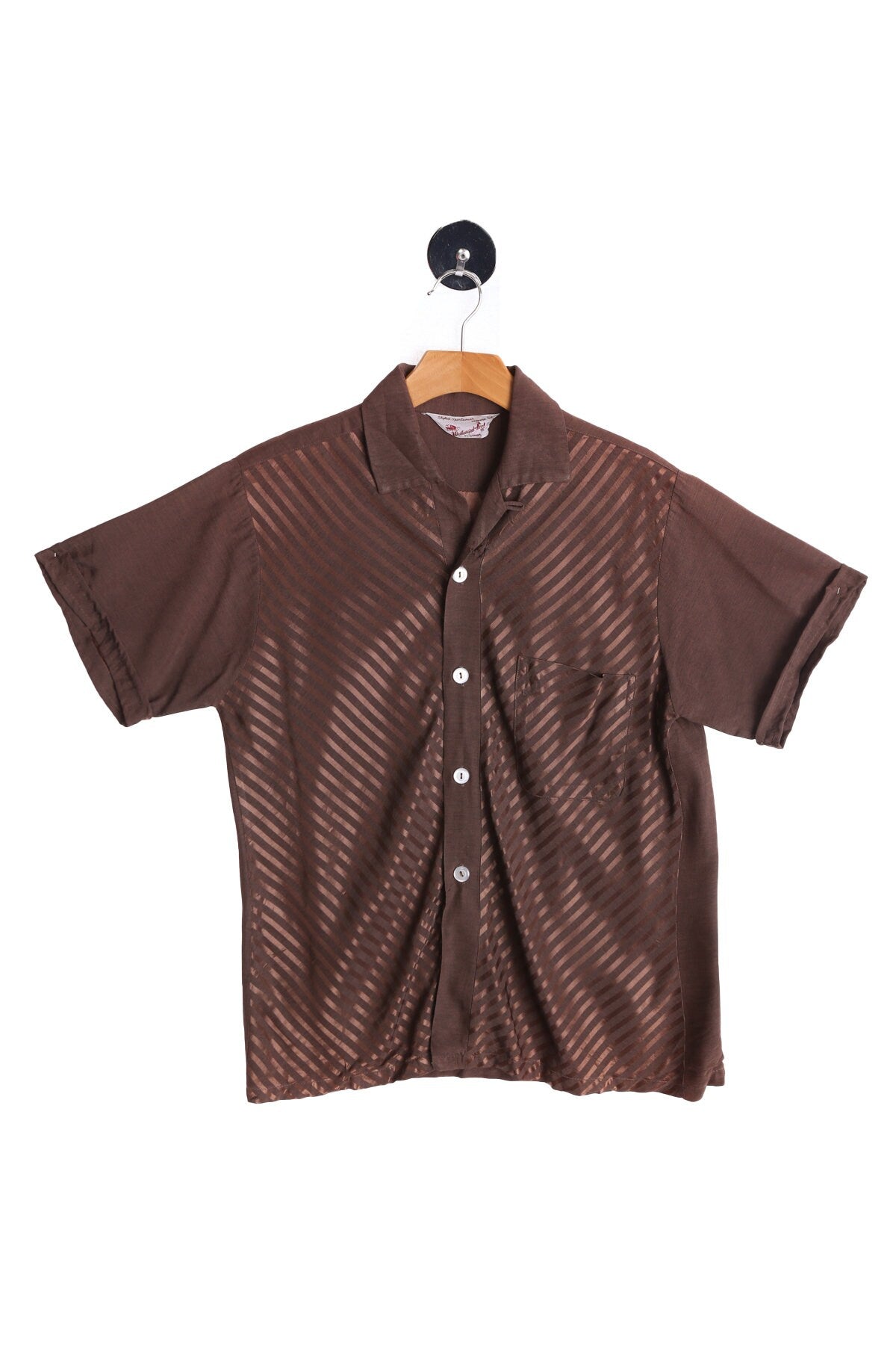 Vintage Men's Brown Short Sleeve Rockabilly Shirt - Striped Fabric Pattern - By Westward Pro