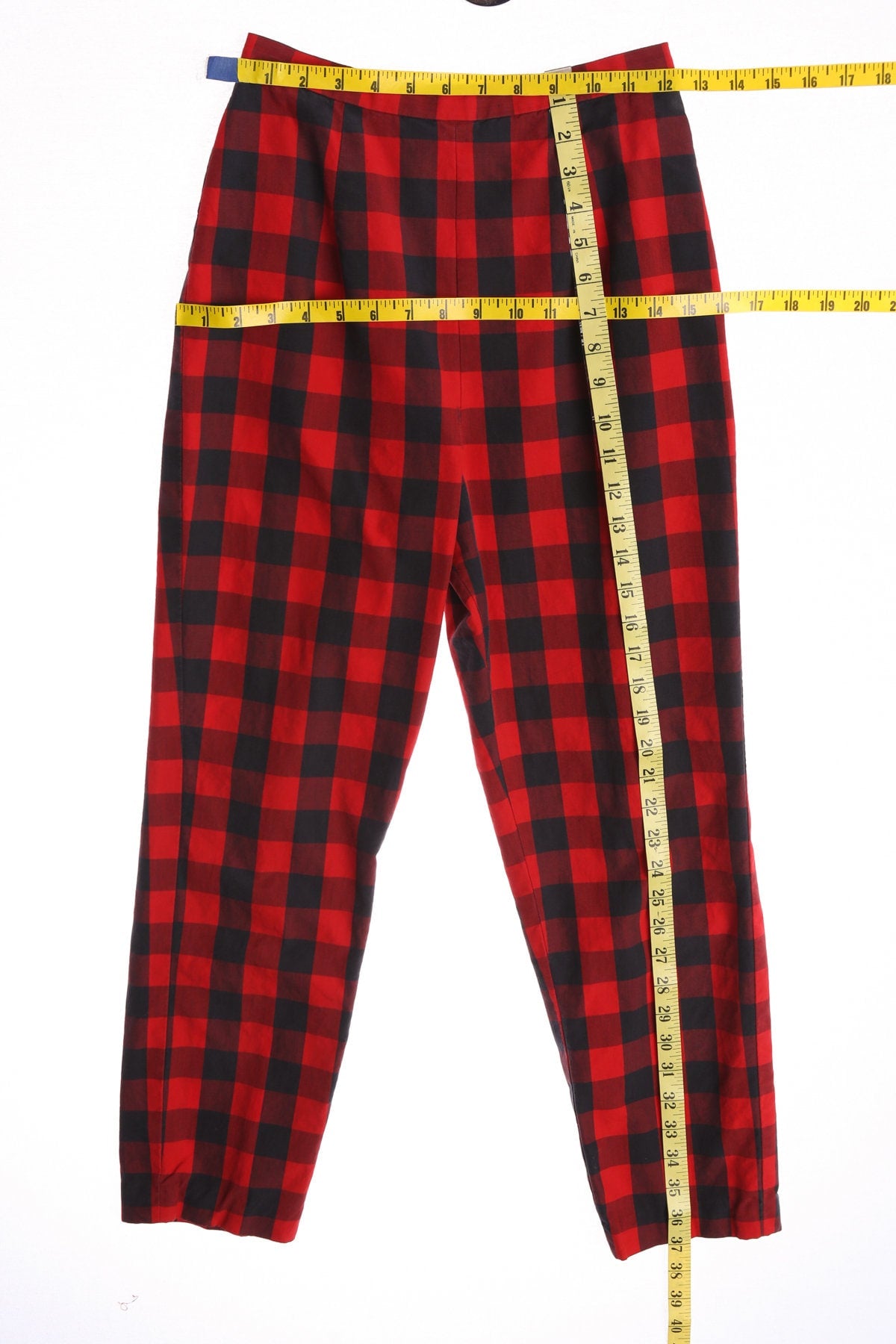 Vintage Women Black and Red Plaid Pants - High Waist - Back Zipper Closure