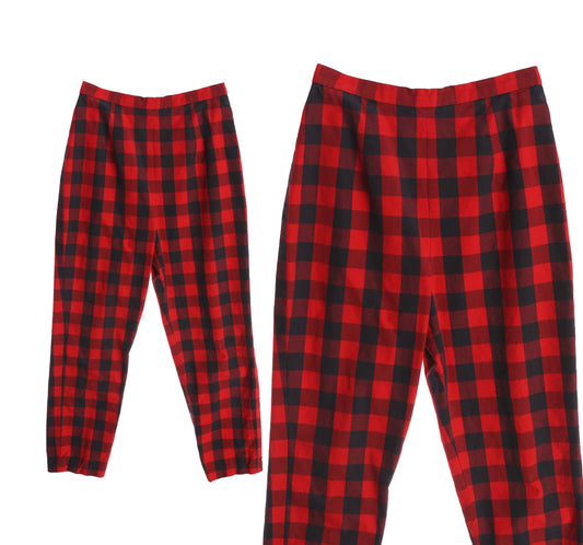 Vintage Women Black and Red Plaid Pants - High Waist - Back Zipper Closure