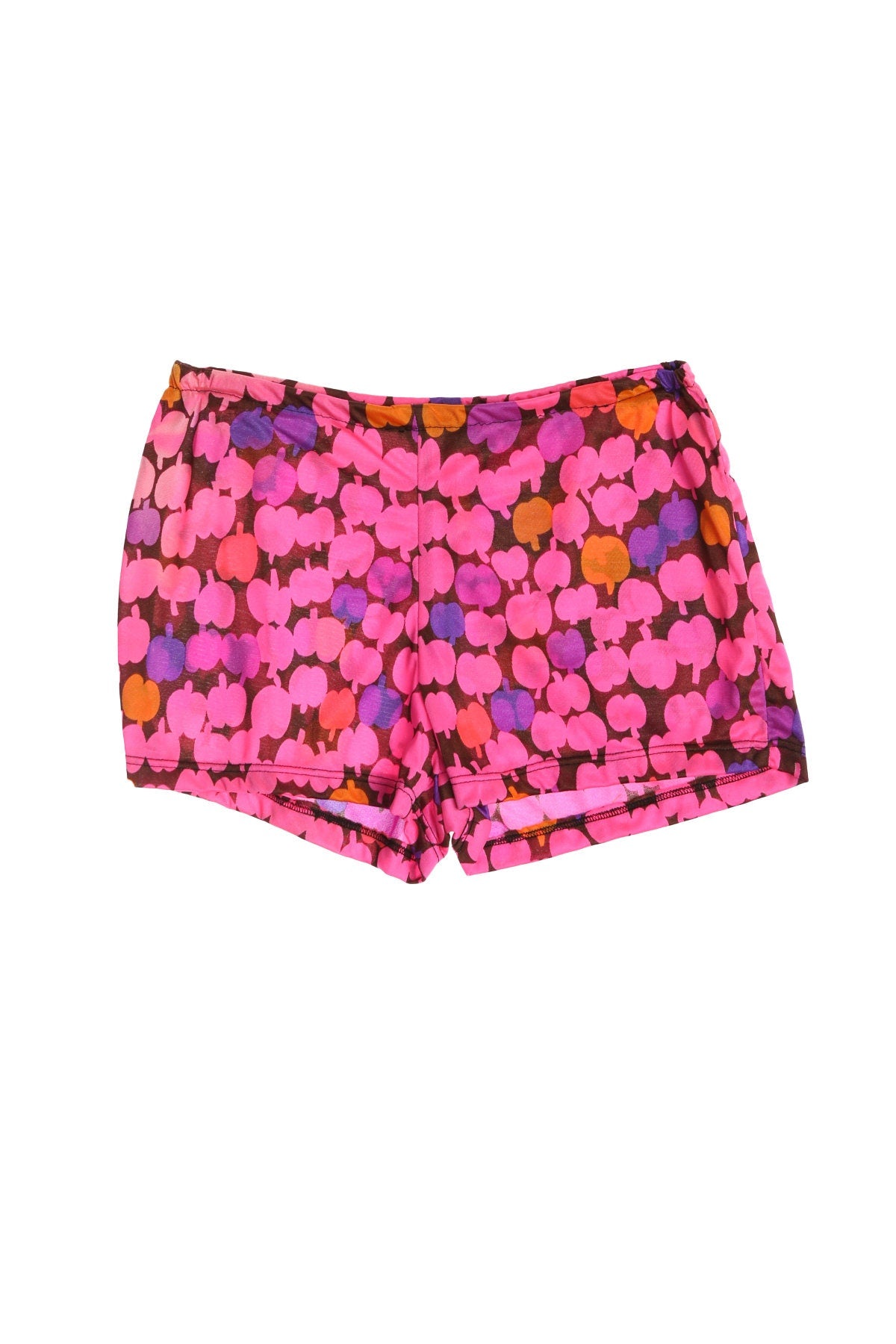 70's Women Pink Poly Short Shorts With Apples Graphics