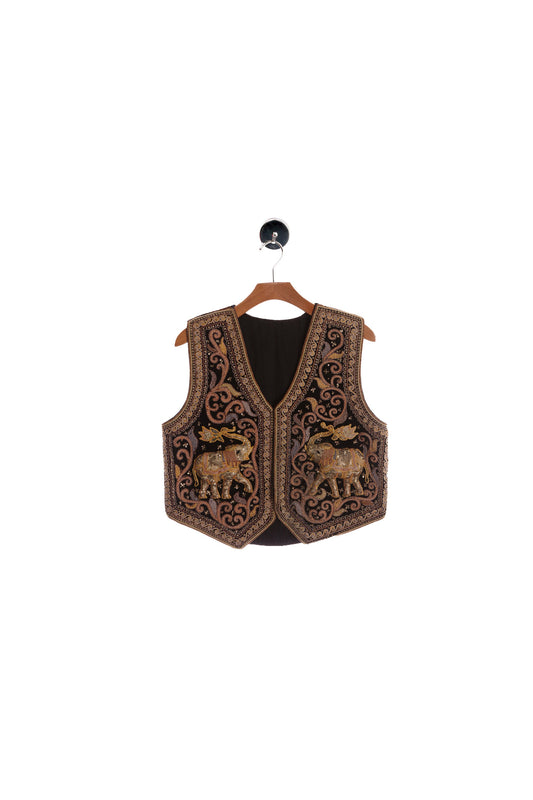 Vintage Sequin Black Velvet Vest - Elephant Embroidery - Sequin Floral Design