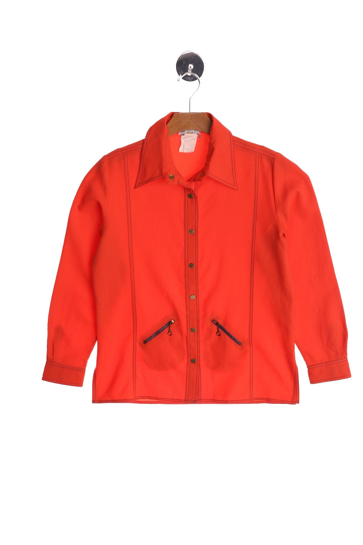 70's Women Top - Orange - Zipper Pockets - Mod - Casual