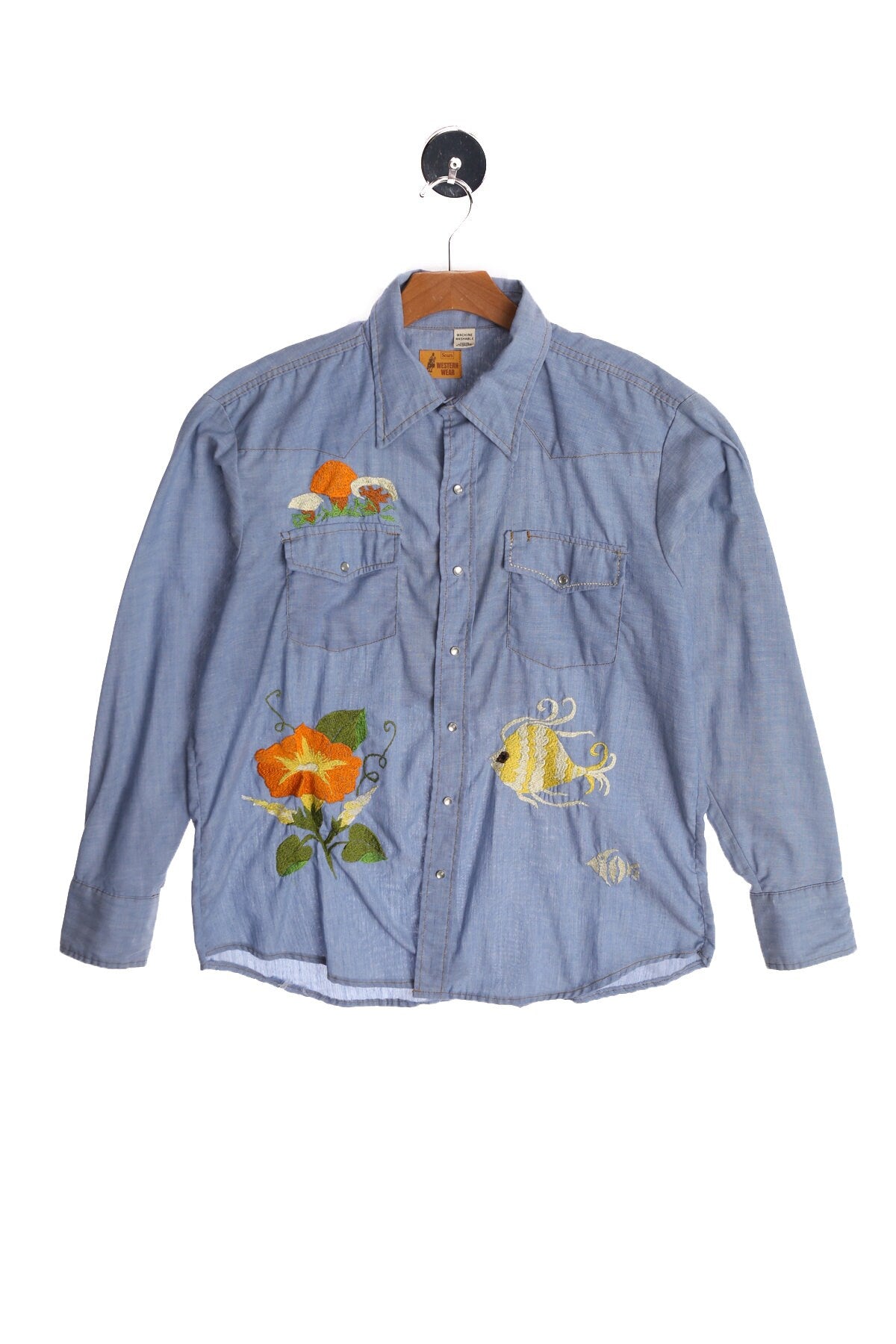 70's Men Western Shirt - Tiger Embroidery - Hippie - Florwer Embroidery
