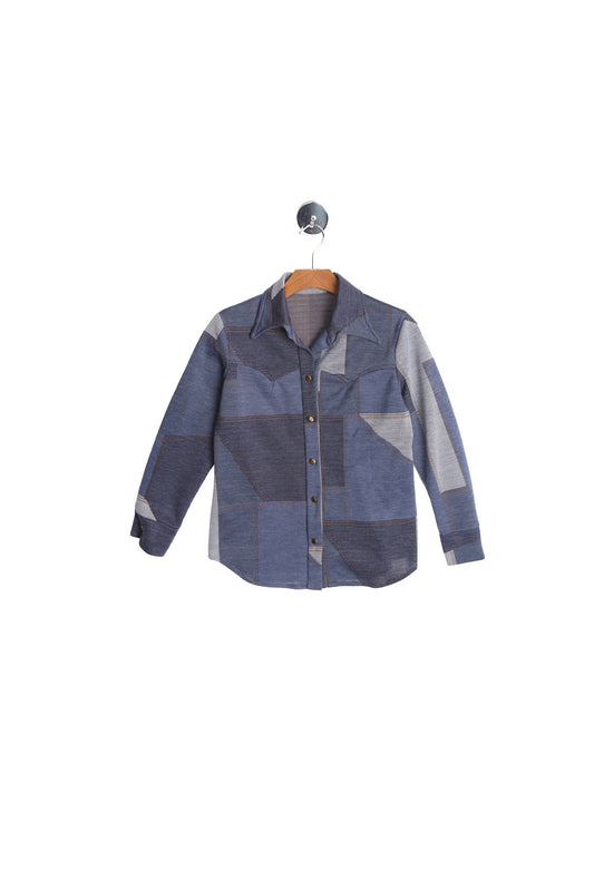 70's Blue Patchwork Print Poly Top