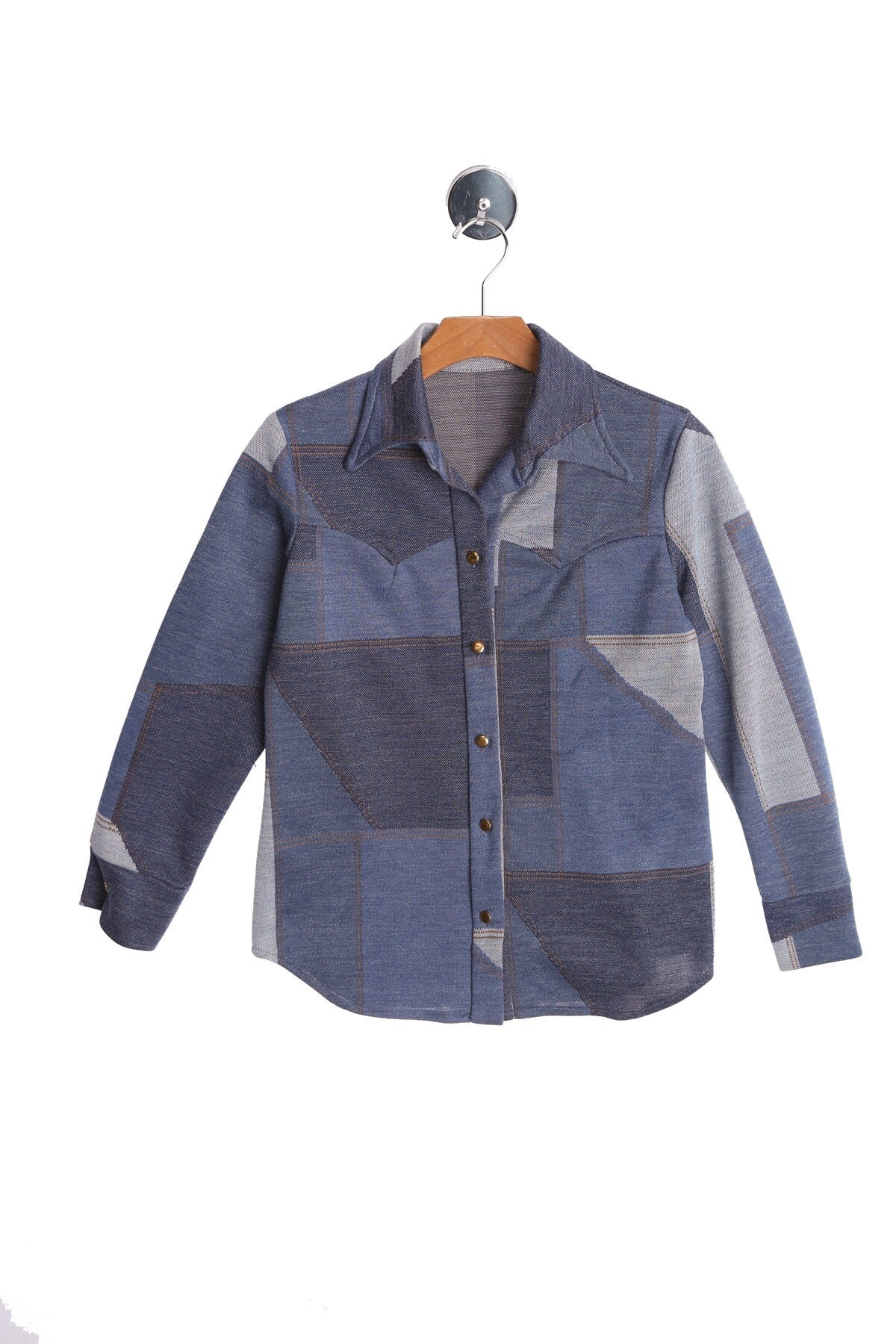 70's Blue Patchwork Print Poly Top