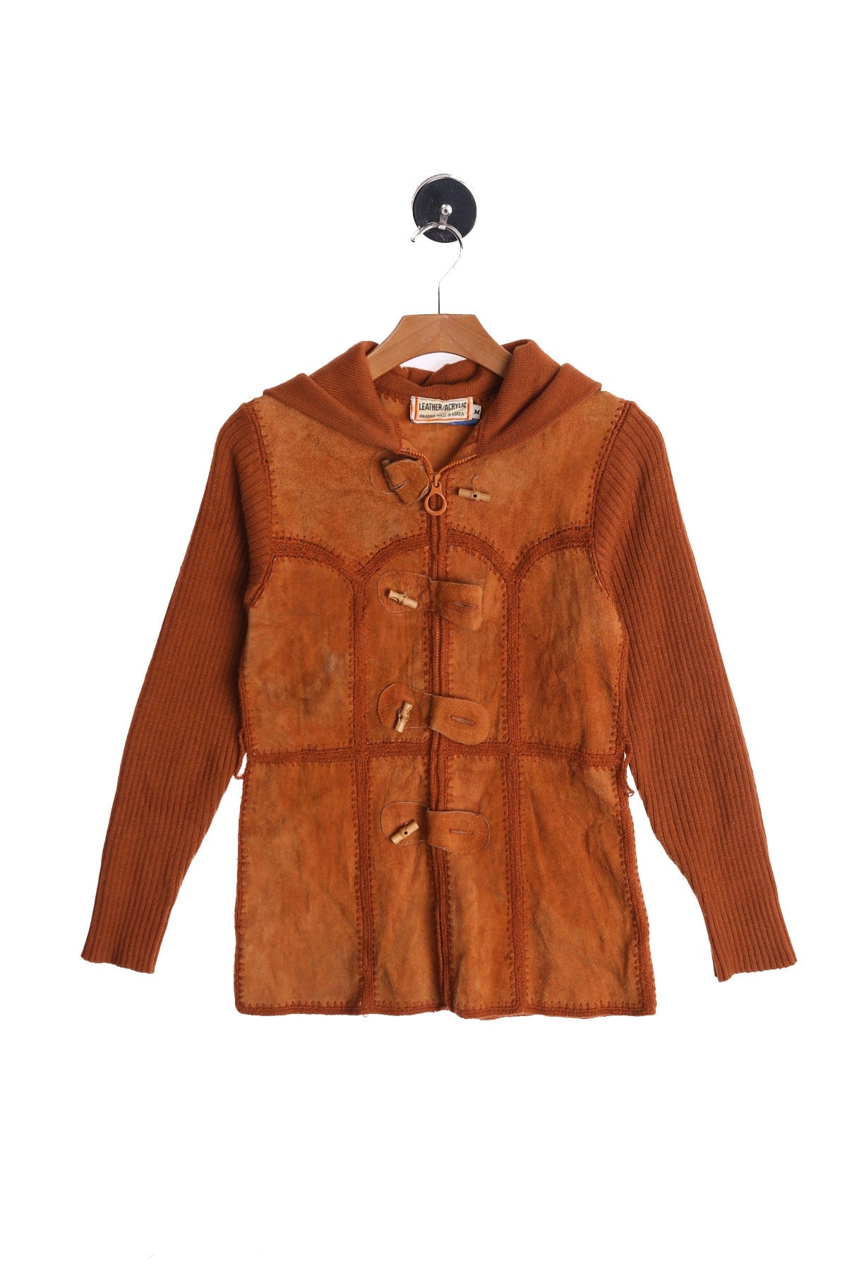 70's Women Brown Suede Patchwork Sweater Jacket